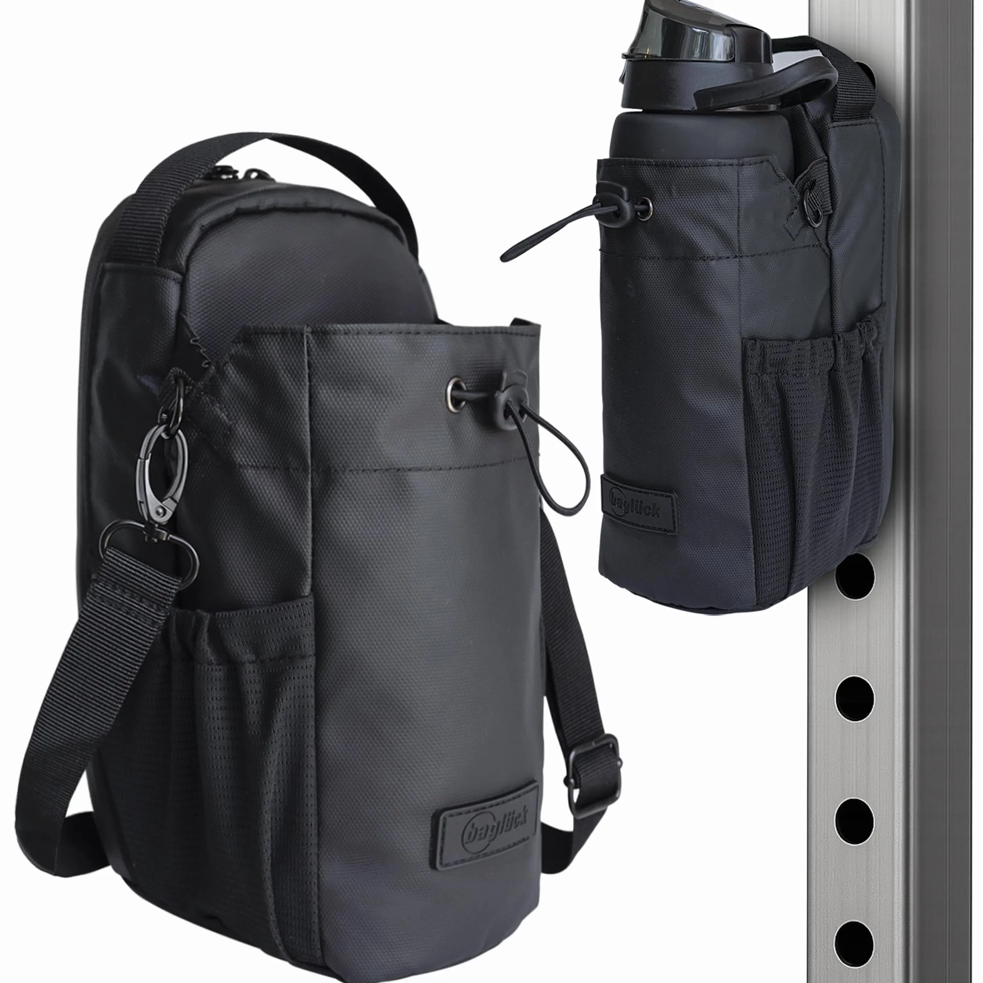 Bolsa Deportiva Magnética para Gimnasio con Soporte para Botella 1,5 L, Correa Ajustable, Negro