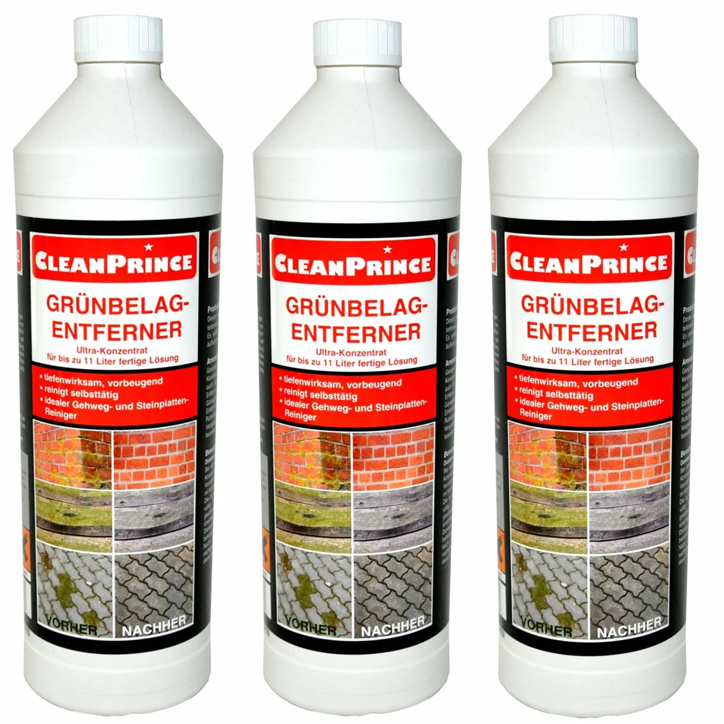 CleanPrince Eliminador de Verdín 3 x 1 litro Alto concentrado Verdín borrar Eliminador Limpiador Verdín-Eliminador Trituradora Musgo Verdete Madera Vaso Hormigón Piedra Natural Mármol