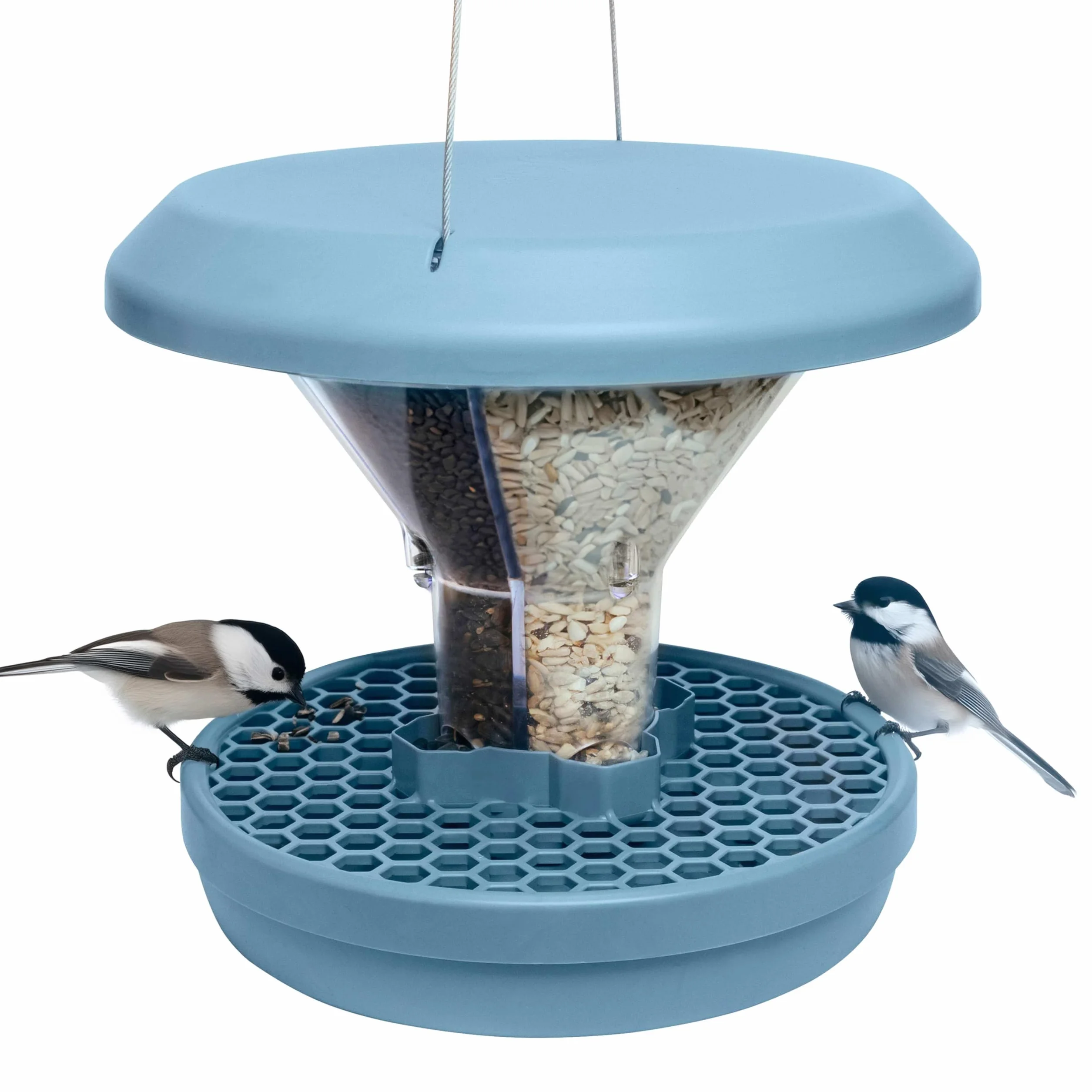 SWISSINNO Comedero para Pájaros Colgante – Davos Smart Birds - Dispensador con Bandeja - Tolva Segura contra Roedores - para Jardín y Balcón - Azul Claro