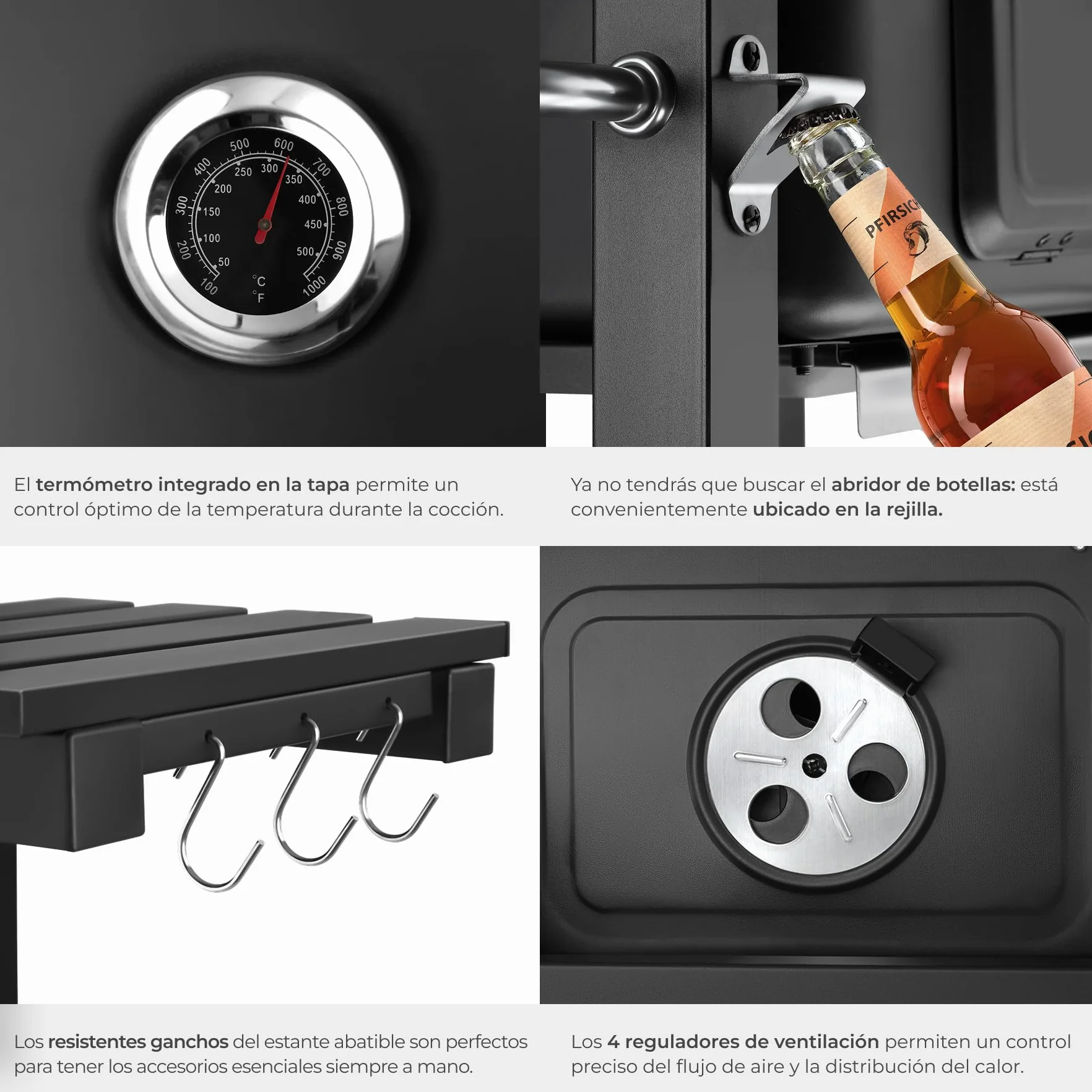 tectake® Barbacoa de Carbon con Tapa, Parrilla Barbacoa Carbon, BBQ Grill, Bandeja Regulable, Termómetro y Ruedas, con Ahumador de Alimentos, Asador de Carne - 64 x 110 x 104 cm