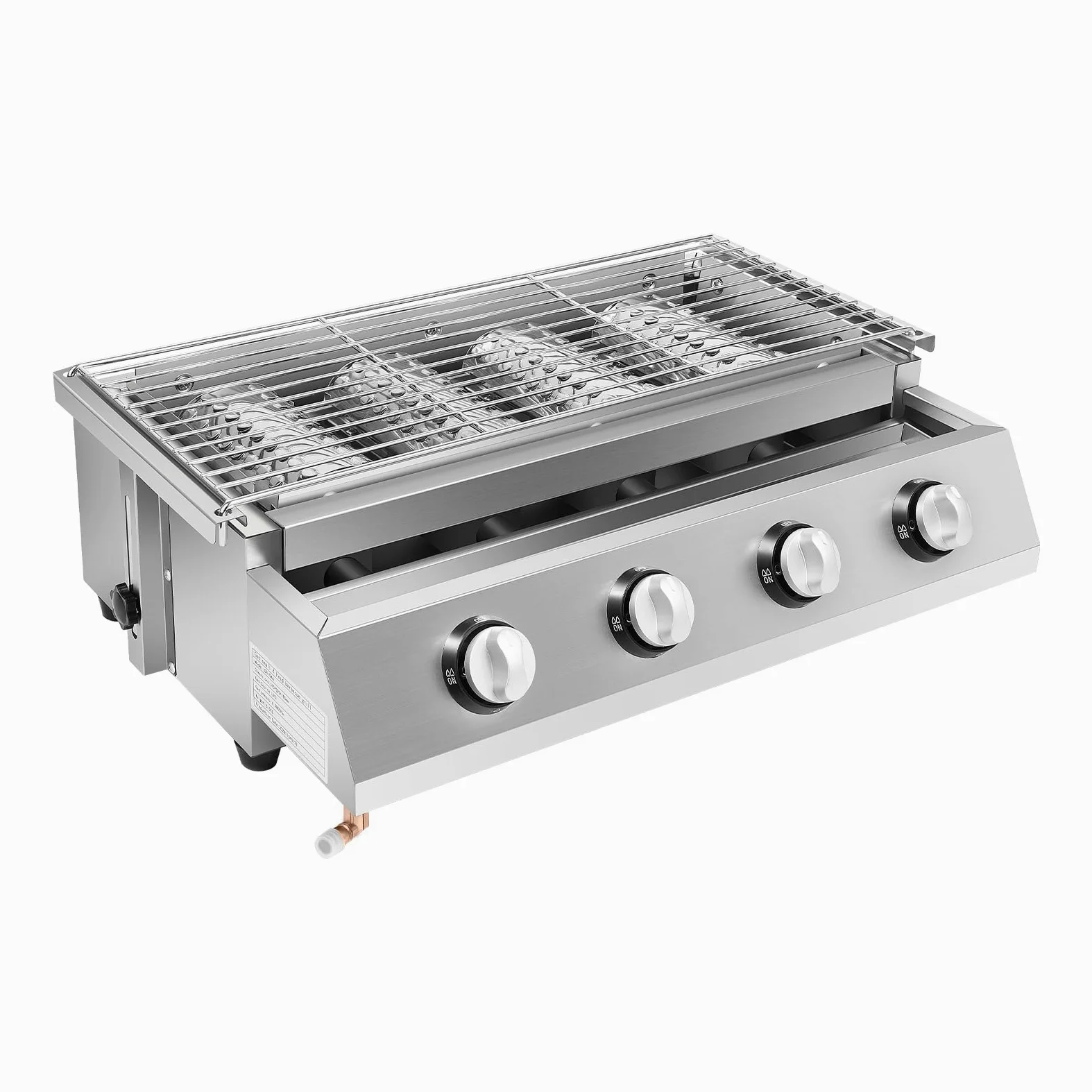 Barbacoa de gas plateada, 4 quemadores, barbacoa de mesa de acero inoxidable, asador de gas LPG, altura ajustable, parrilla extraíble, para camping, balcón, jardín, para asar pollo y kebabs