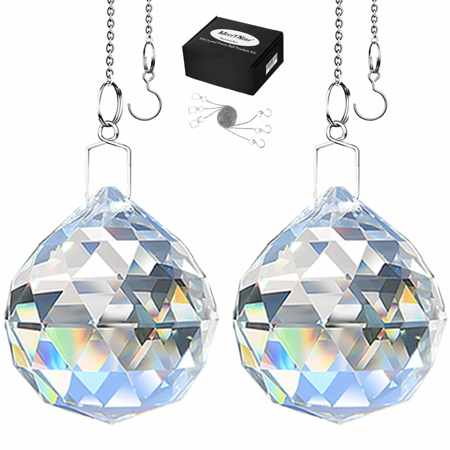MerryNine Paquete de 2 prismas de bola de cristal, atrapasueños de arco iris, prismas de cristales colgantes para ventanas, para Feng Shui, para regalo (transparente) (50 mm)
