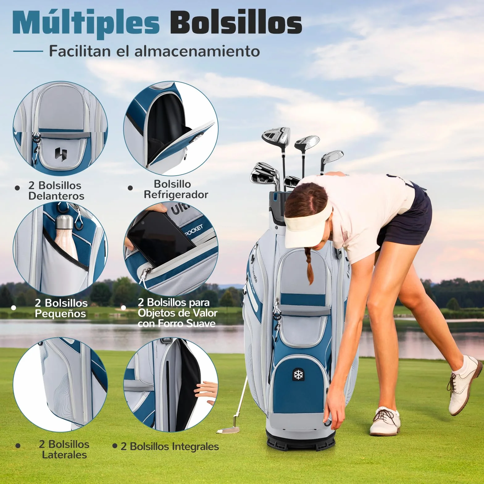 COSTWAY Bolsa Golf 14 Divisores 9 Bolsillas Cremallera Nevera Bolsillo Correa Acolchada Soporte Paraguas Capucha Lluvia Carro Palos