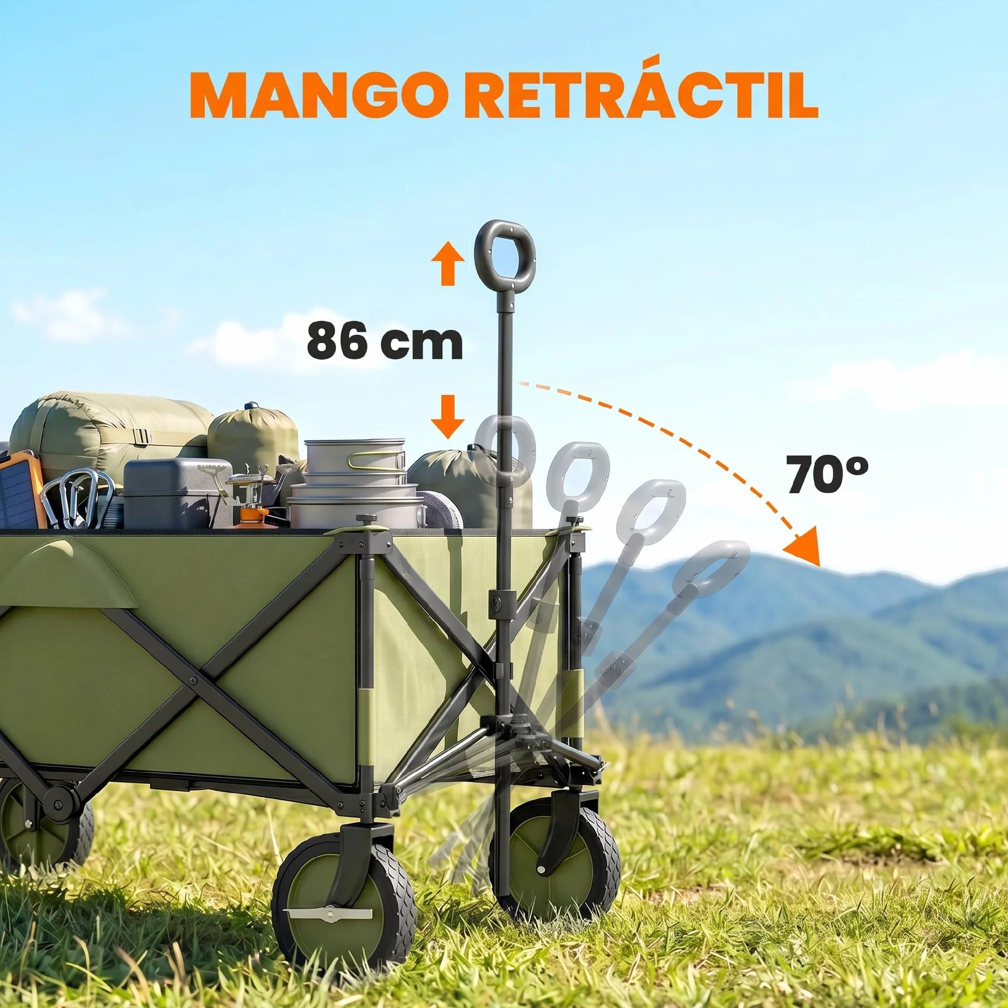 Outsunny Carro Plegable de Jardín con Ruedas Carro para Playa con Mango Telescópico Tablero Plegable 5 Bolsas Marco de Acero Carga 100 kg para Compra Patio 108x55x93 cm Verde