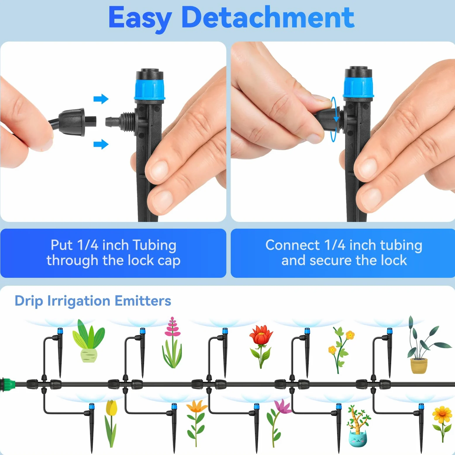 Goteros de riego por goteo ajustables Vortex: 20 unidades de emisores de riego con forma de abanico con estaca de flujo de agua con bloqueo de púas para tubos de 1/4 pulgadas para riego de jardín