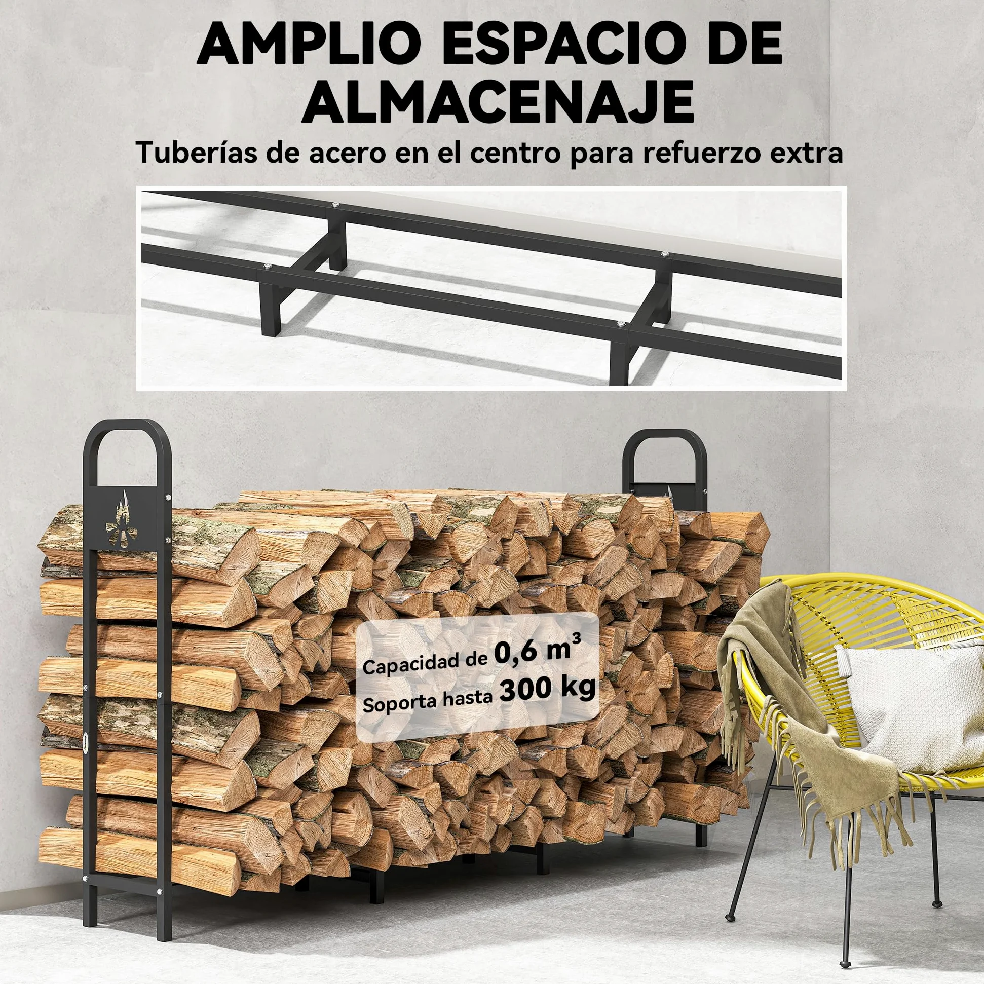 Outsunny Estante de Leña Metálico, 200x30x120 cm, Carga 300 kg, Leñero Exterior con Marco de Acero, Patas Extra Reforzadas y Diseño Recortado de Fogata, Soporte para Leña de Chimenea, para Jardín