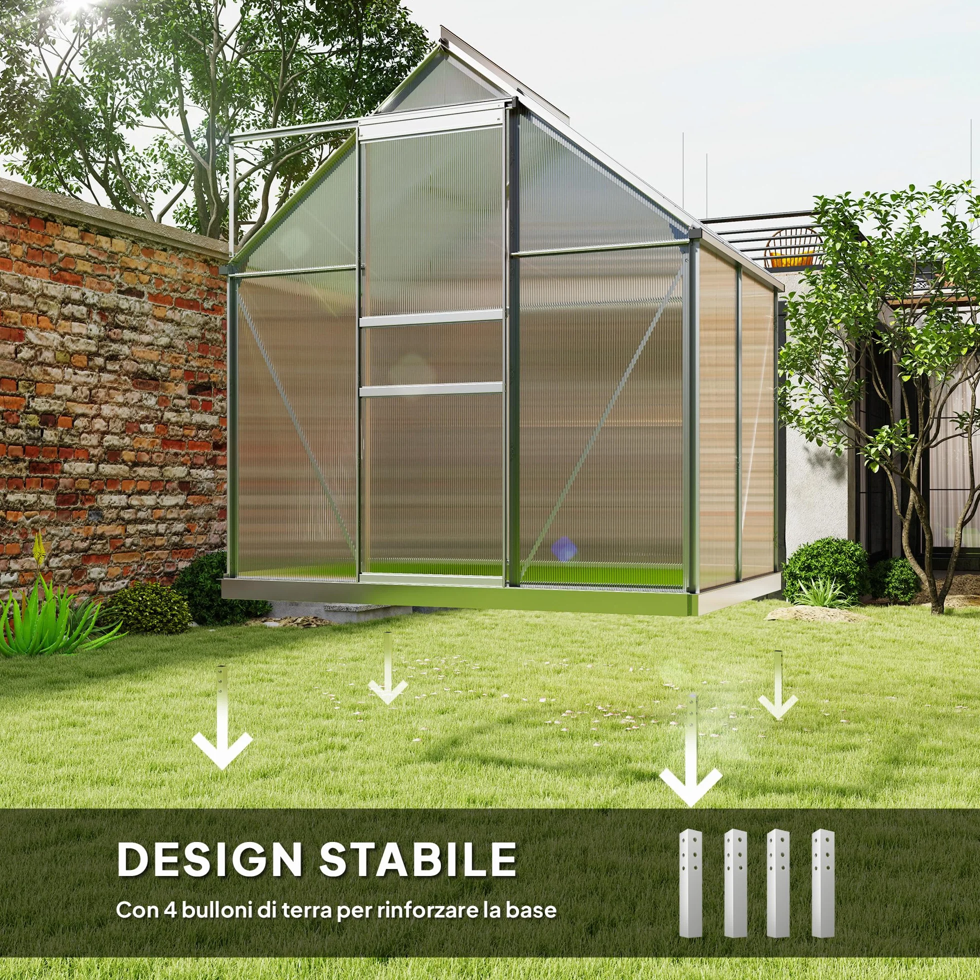 Outsunny Invernadero de jardín de policarbonato con marco de aleación de aluminio 2,5㎡, invernadero para huerto con base, canalones, ventana de techo ajustables, puerta batiente, para plantas, anti UV