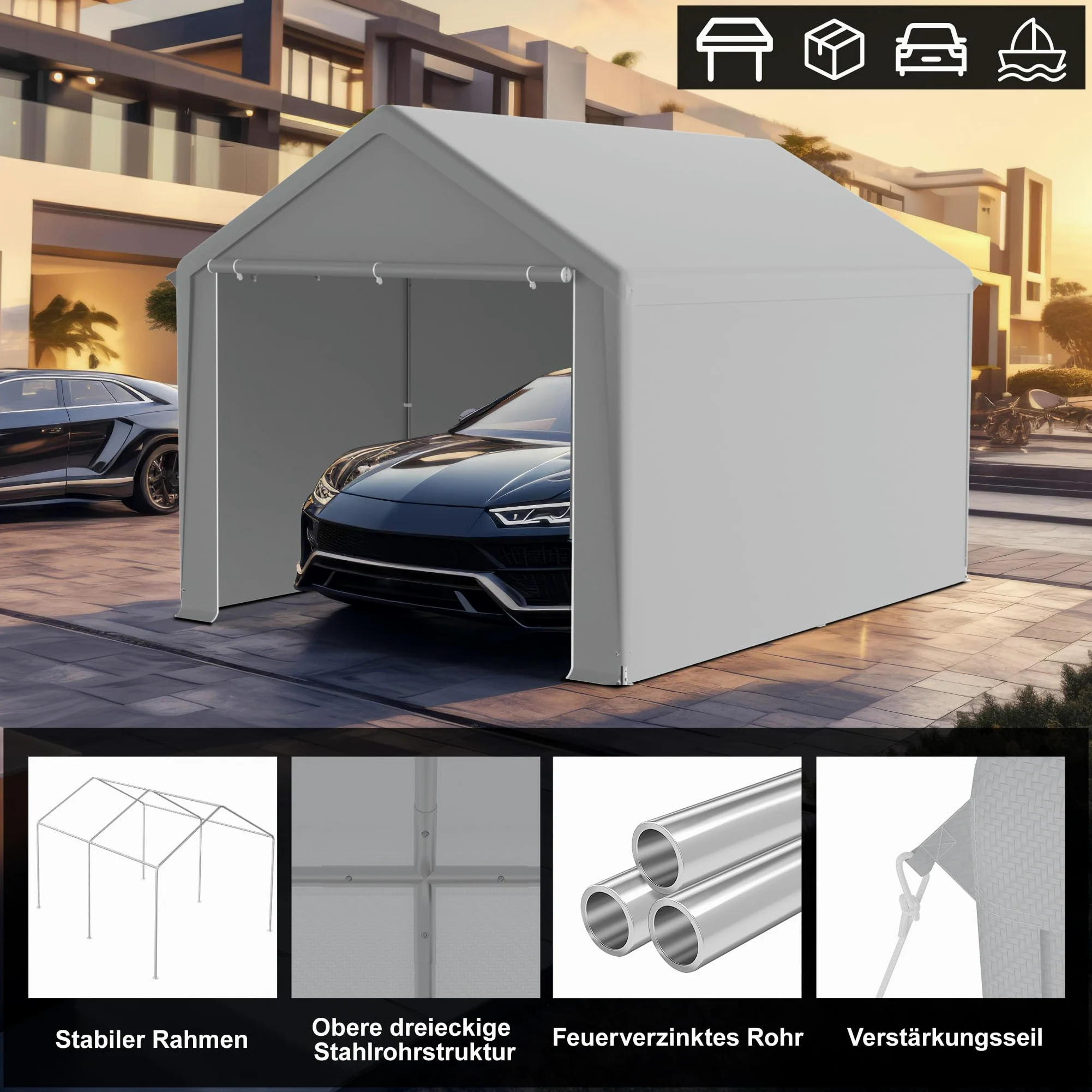 FIVMEN Carport 3x4 m con paredes laterales extraíbles resistente al invierno para coche SUV camión gris