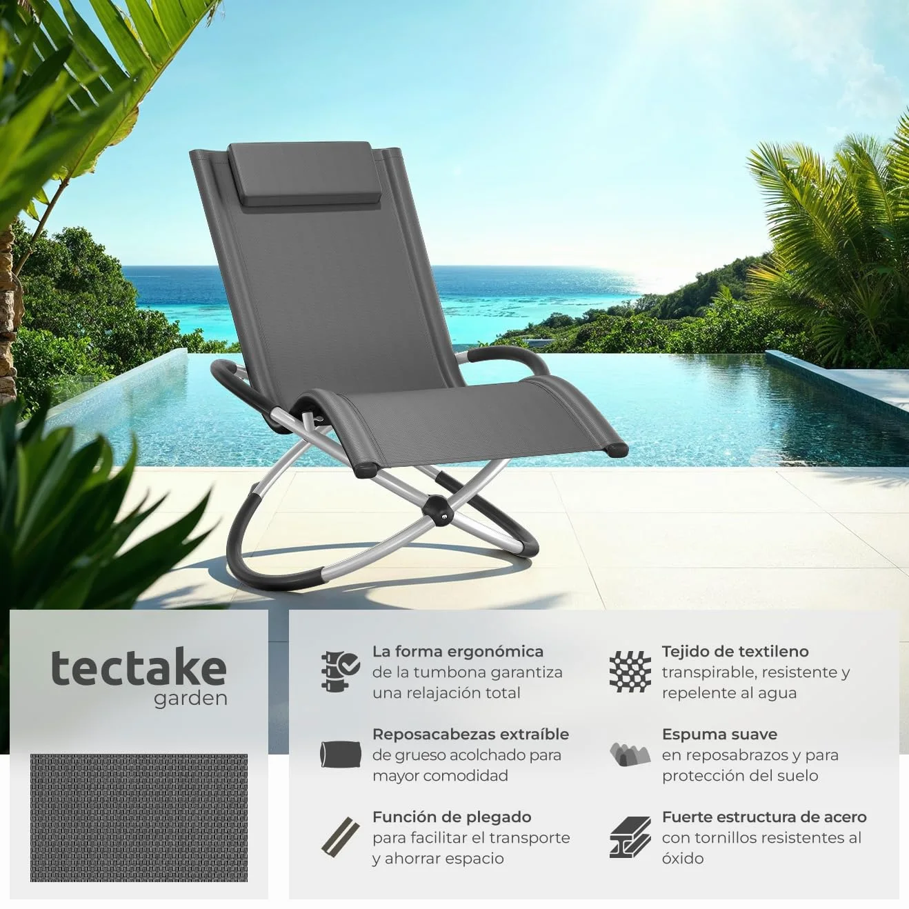 tectake® Tumbona Plegable con Función Balancín, Tumbona Playa Ergonómica, Tumbona Piscina en Acero y Textileno, Tumbona Jardín Exterior, Protección Antivuelco, Carga Máx. 150 kg, Fácil Montaje - Gris