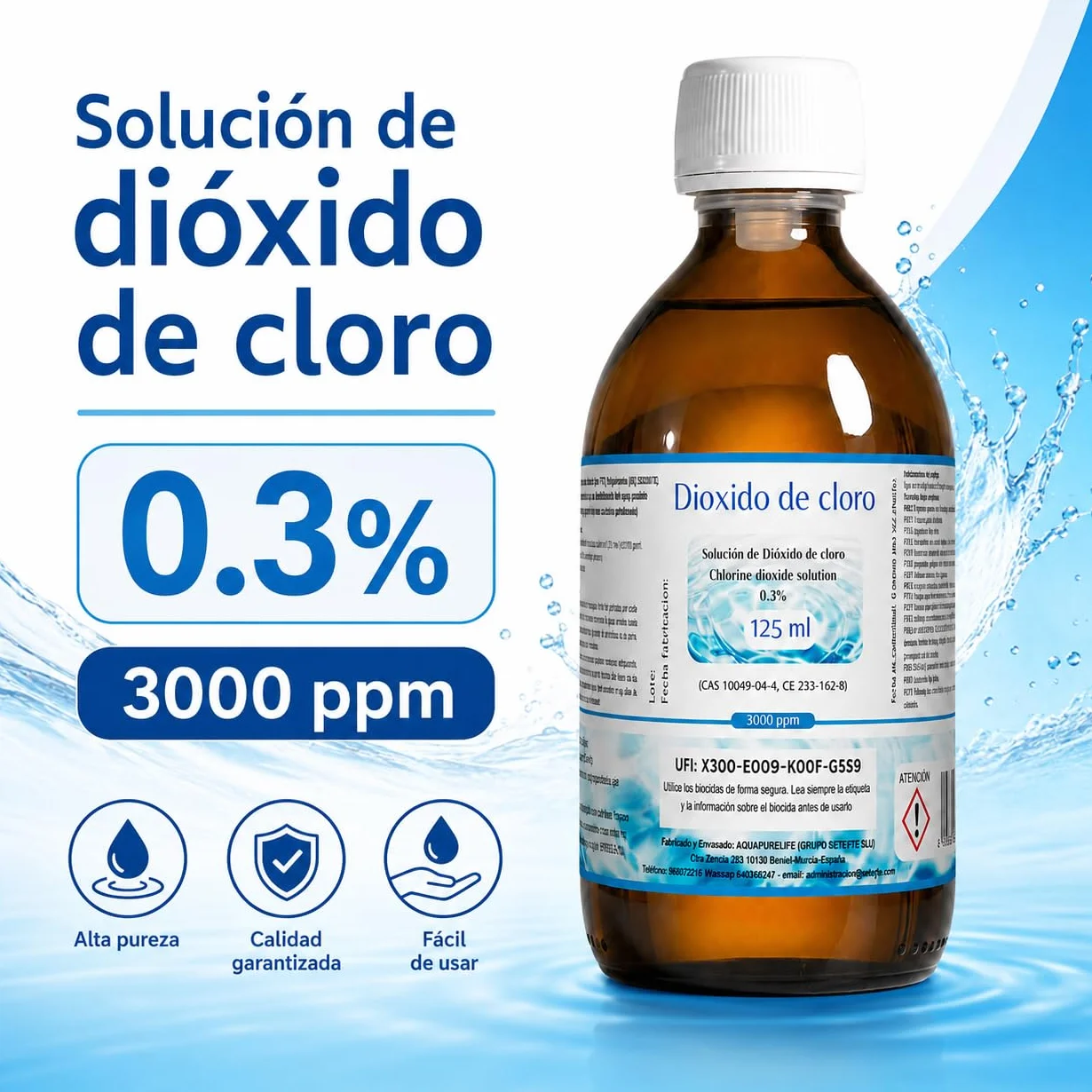 Dioxido de Cloro 3000ppm - CDS 0,3% - Envasado en Botella Cristal Ambar - Fabricado en España (125ml)
