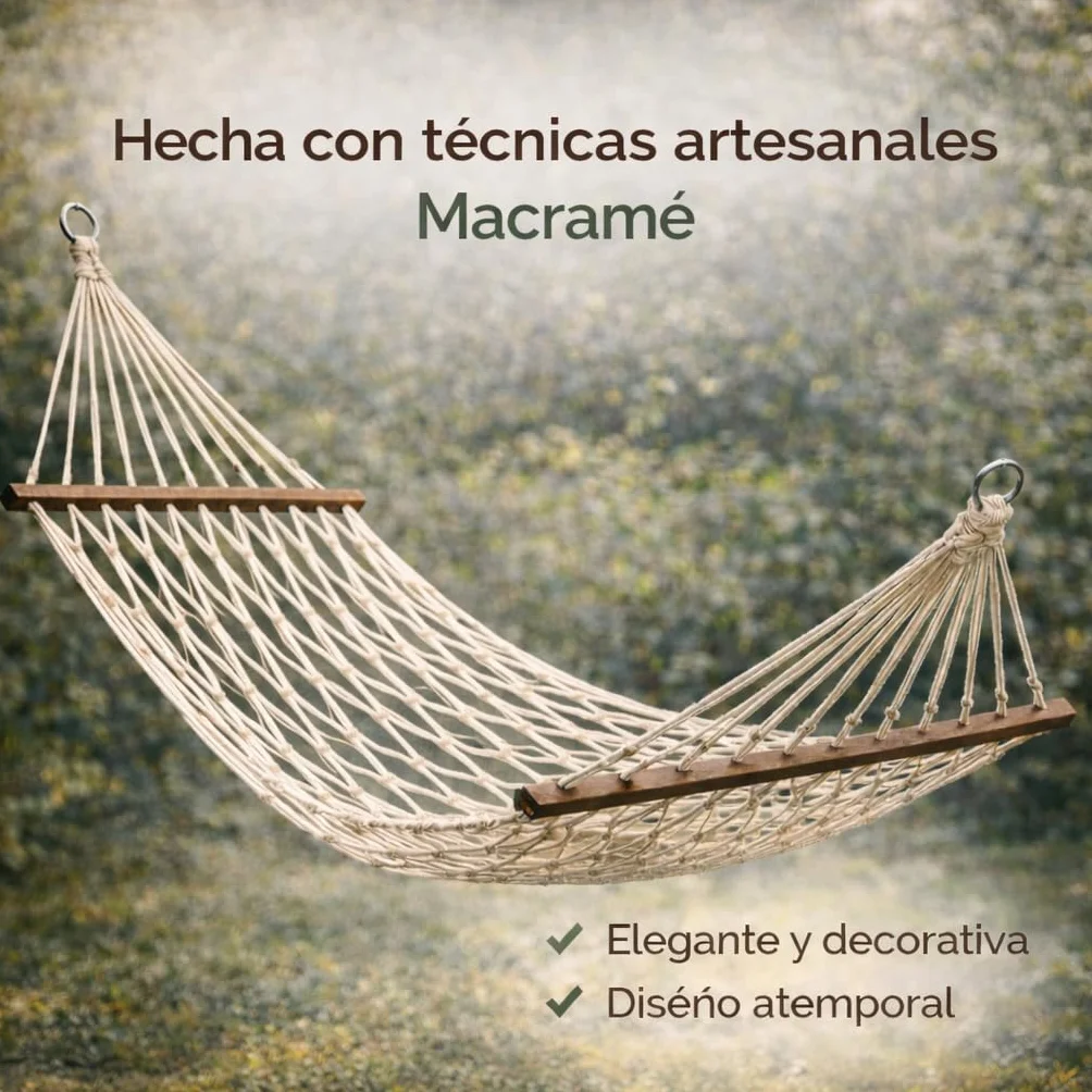 Hamaca Macramé de 270 x 80 cm (Zona Útil 190 x 80 cm) Hamaca de Red Estilo Boho para Jardín Terraza Interior Camping Campers o Caravanas Bolsa de Transporte incluida