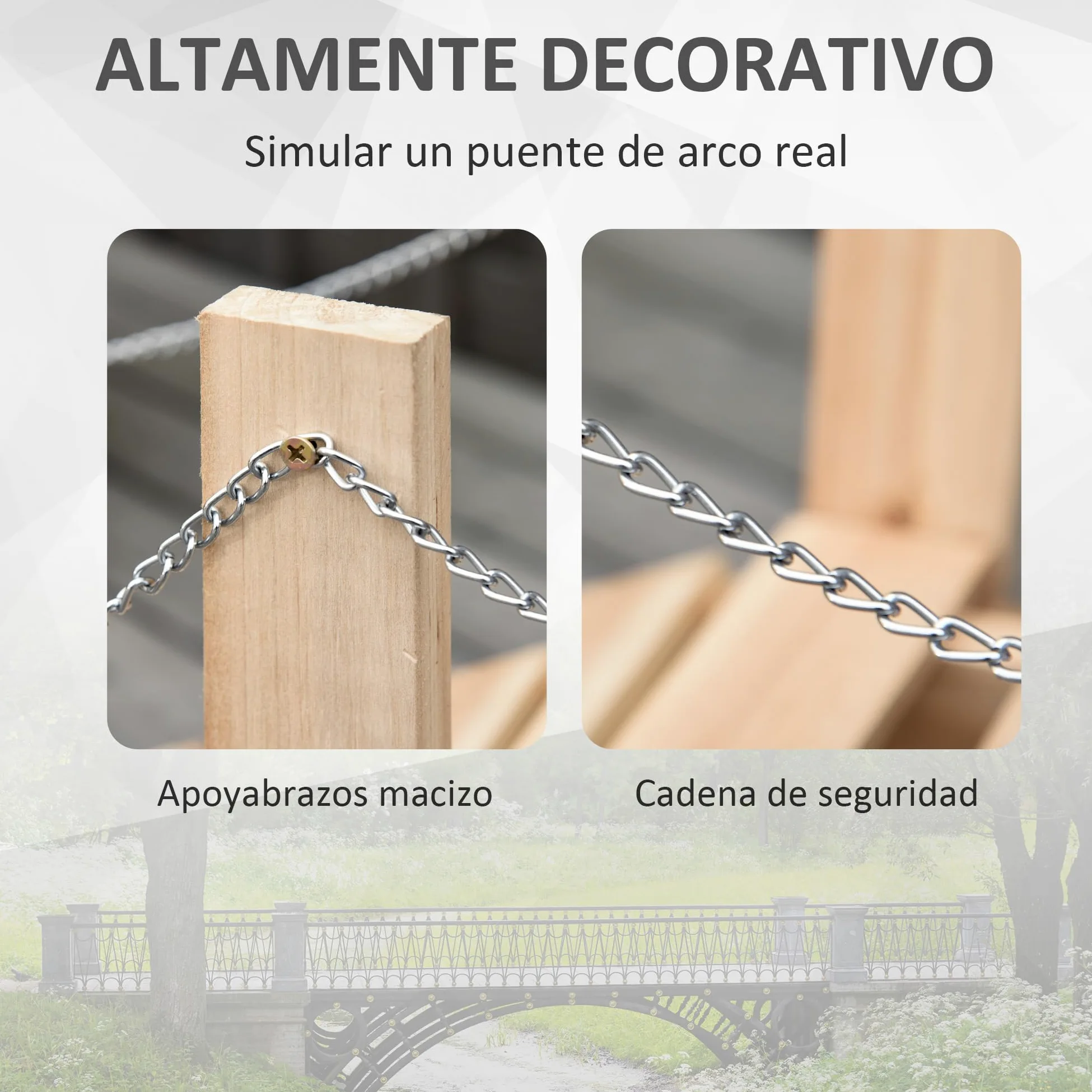 Outsunny Puente de Jardín de Madera con Pasamanos de Cadenas Metálicas Decorativo 100x32x48 cm