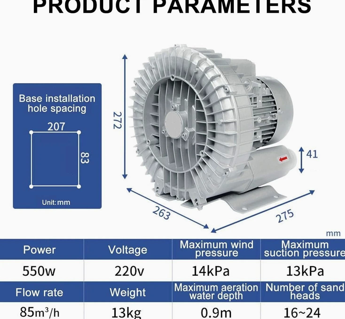 Bomba de Aire regenerativa eléctrica monofásica/trifásica 0.16-2.04HP Soplador de Anillo vorticial para aireación de Aguas residuales acuarios hidroponía fosas sépticas(550W/220V)