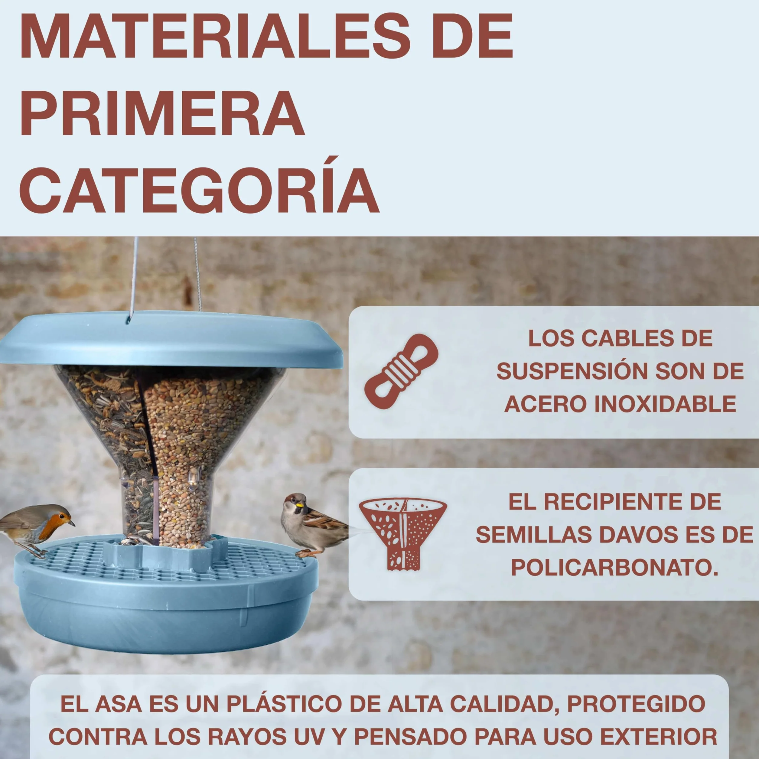 SWISSINNO Comedero para Pájaros Colgante – Davos Smart Birds - Dispensador con Bandeja - Tolva Segura contra Roedores - para Jardín y Balcón - Azul Claro