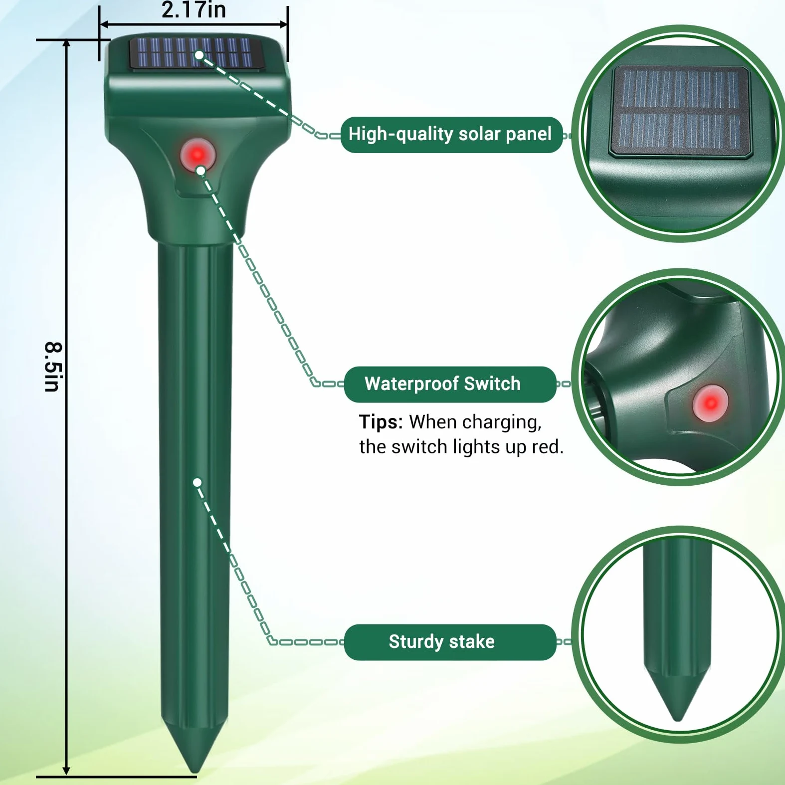 Repelente de topos para césped, paquete de 4, repelente solar ultrasónico de topos, IPX7 impermeable, estacas de vibración de campañol para patio, estaca disuasoria de topos para ardilla, marmota,