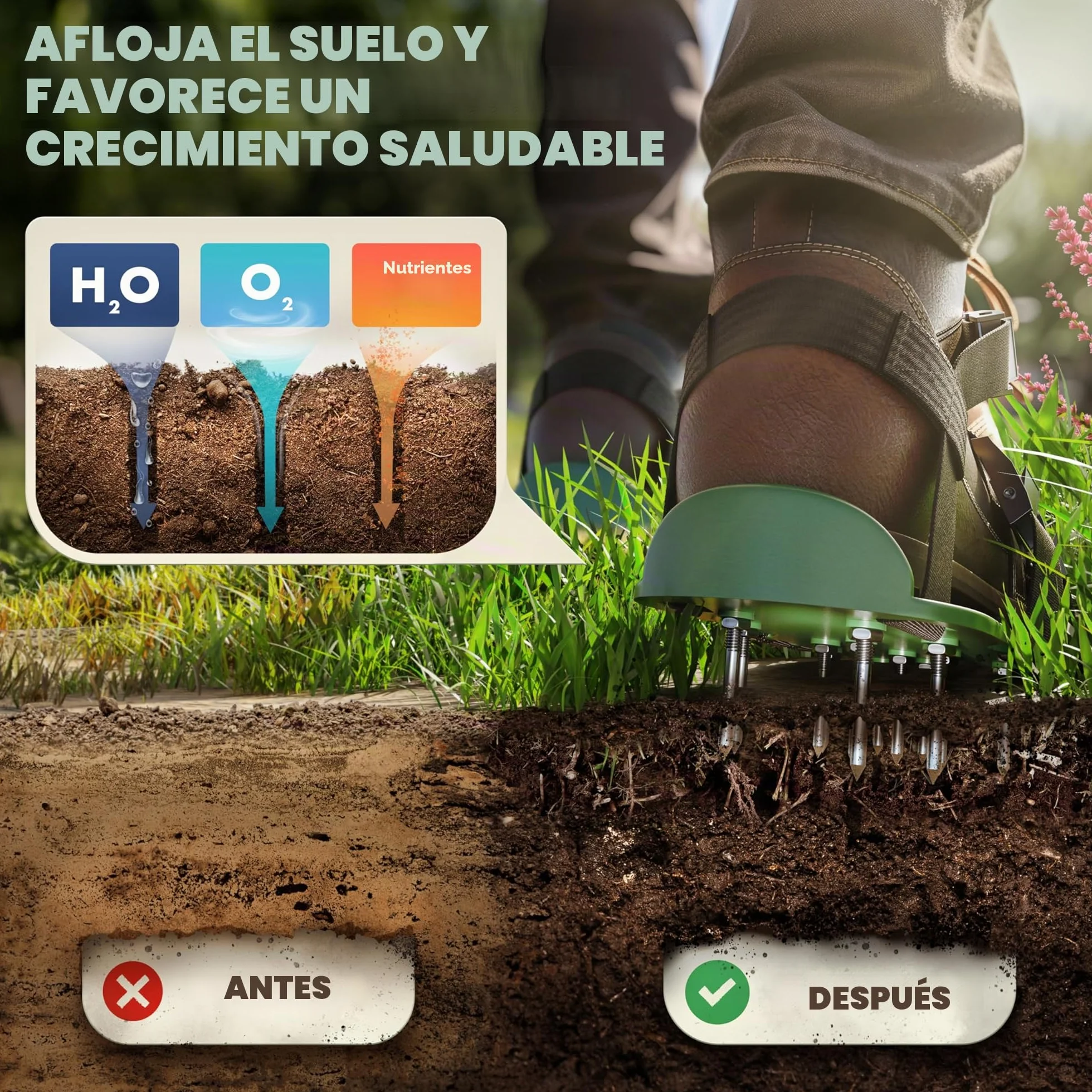 LAINFELD Aireador de césped, zapatos con clavos cortos y largos, aireador de césped con 4 correas, escarificador para césped, zapatos de jardín aerificados.