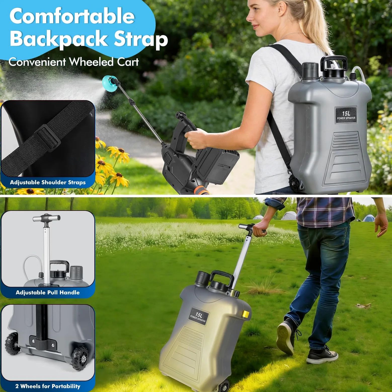 Pulverizador Eléctrico a Batería 15L con Carretilla, Mochila Sulfatadora de Jardín Compatible con 18V, Pulverizador de Presión con 3 Velocidades, Lanza Telescópica para Fumigación y Riego