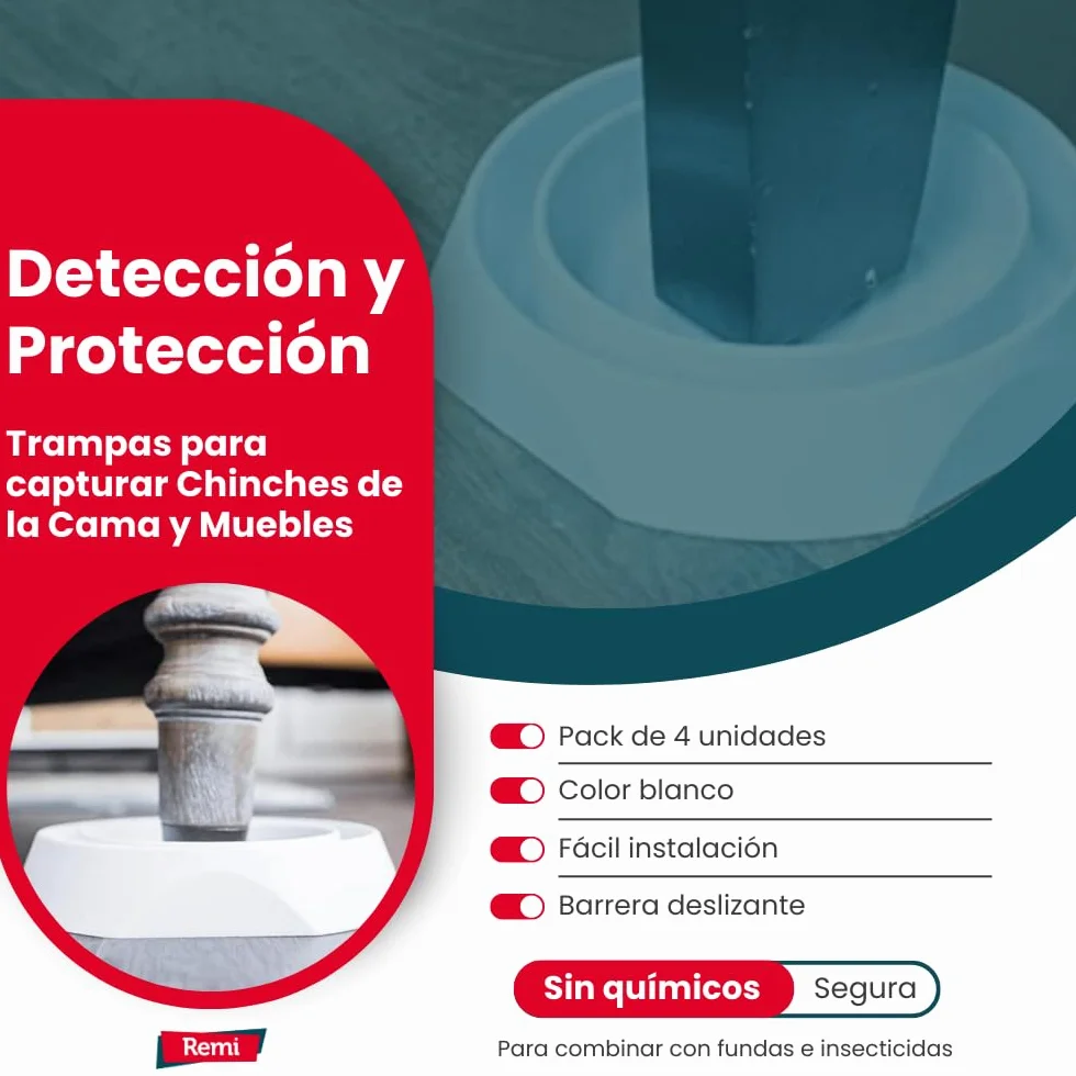 Remi Hogar Trampas para capturar Chinches de la Cama y Muebles | Pack de 4 Trampas | Eficaz para Eliminar y Evitar Las Chinches sin químicos | Detección y protección para Camas y Muebles