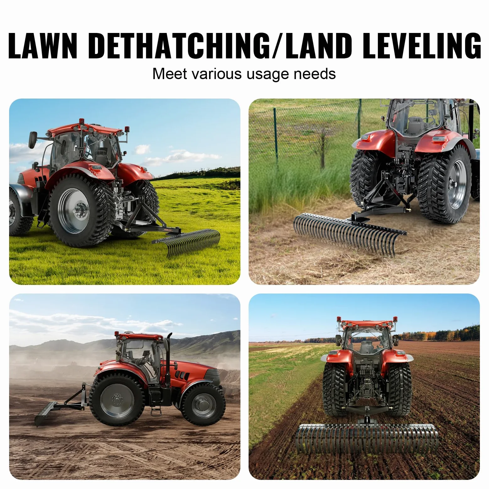 VEVOR Remolque detrás de la Escarificadora, 759,5 x 678,2 x 482,1 mm con 36 Púas de Acero, Rastrillo de Césped de 3 Puntos con Accesorios para Tractor, Rastrillo de Paisaje para Jardín, Granja, Césped