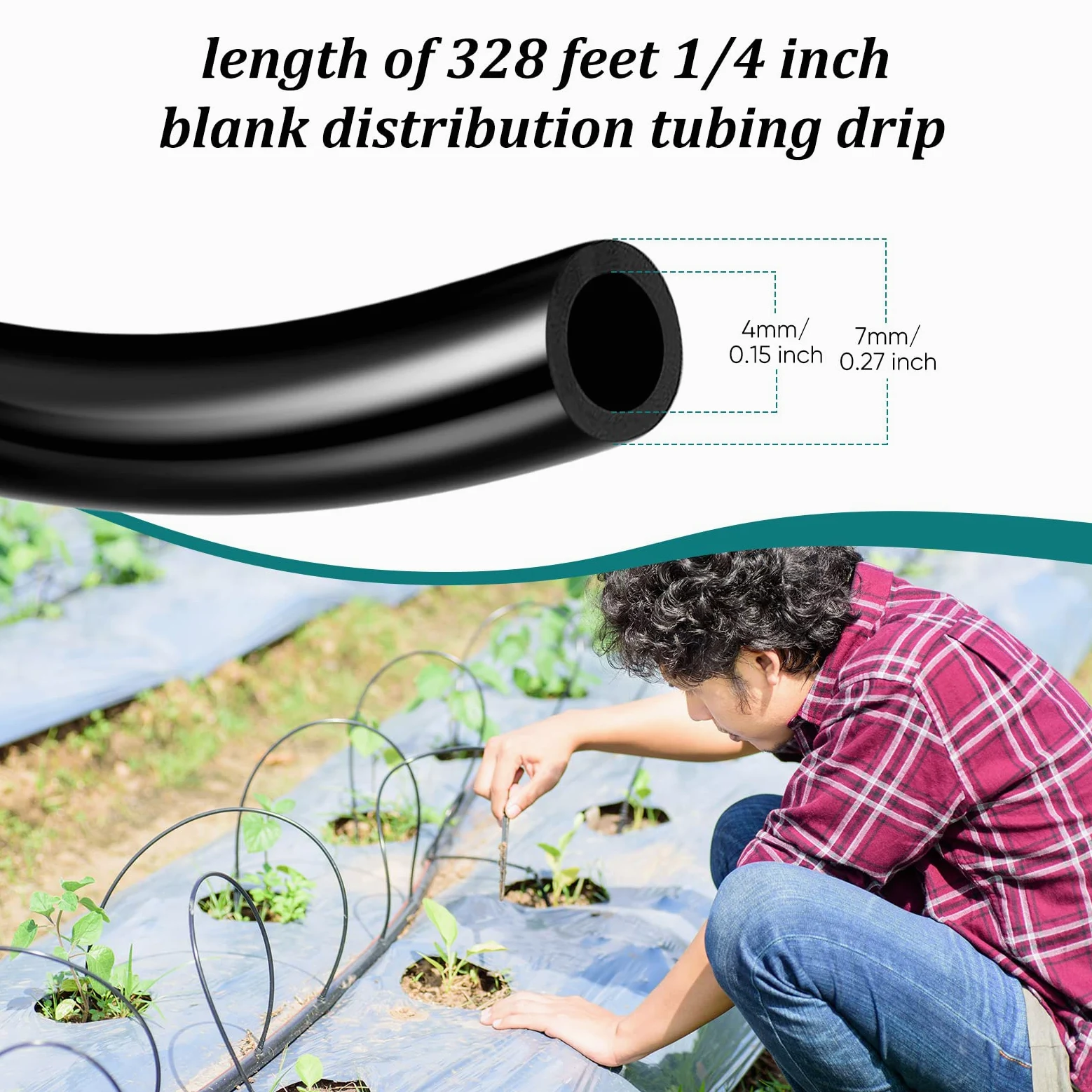 Treela Manguera de riego por goteo de 100 m, tubo de distribución en blanco de 1/4 pulgadas, tubo de riego por goteo, manguera de agua negra para jardín, cama de flores, invernadero, patio, césped