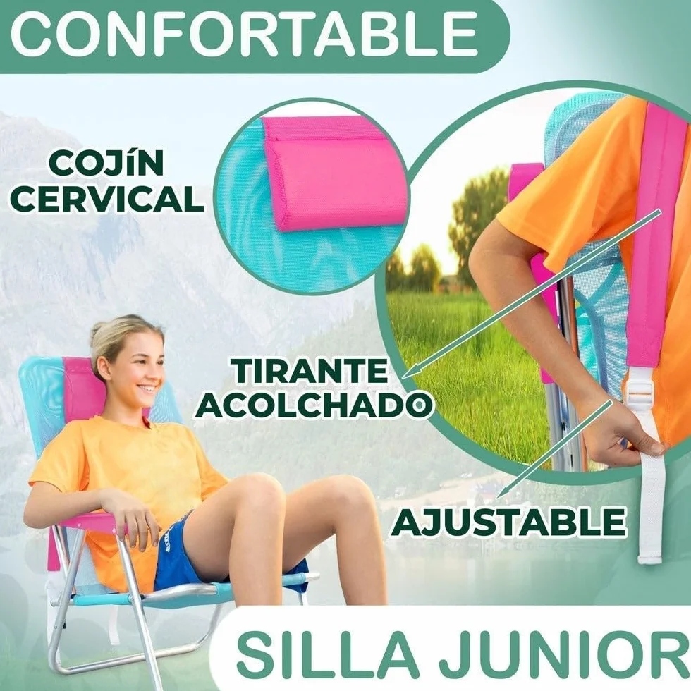 LOLAhome Silla Playa Camping Mochila Junior, Plegable de Aluminio y textileno Aguamarina, Silla Fija de 55x40x71 cm, con cojín Cervical Rosa, Correas Acolchadas y Ajustables