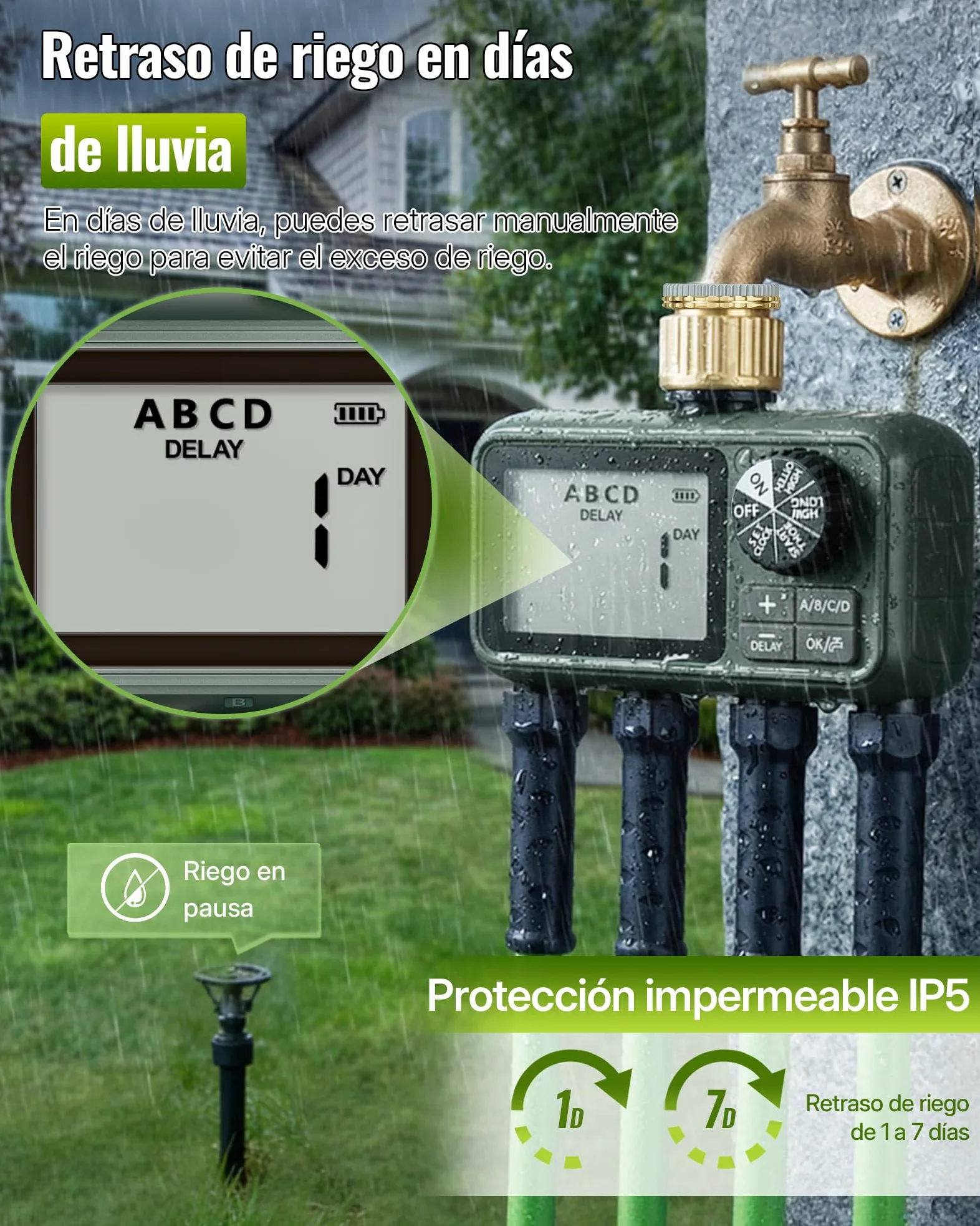 Programador de Riego de 4 Válvulas, Ordenador de Riego Automático, Temporizador para Grifo de Manguera de Jardín, Función de Retraso por Lluvia, Patio y Césped, Verde Oscuro