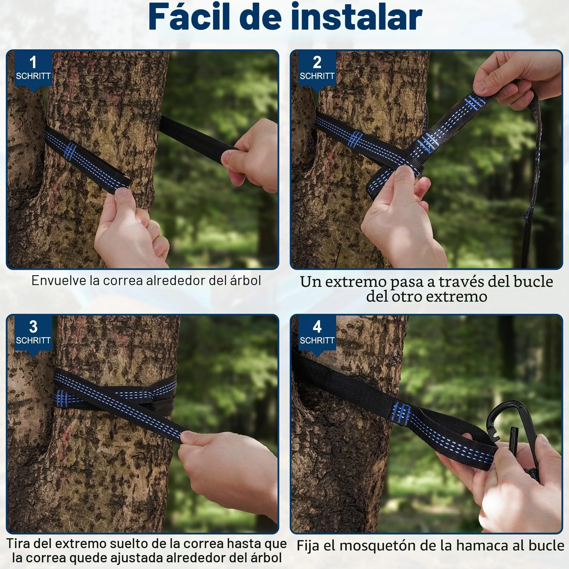 hamaca de camping al aire libre, hamacas de paracaídas portátiles superligeras con dos correas de árbol, nailon para árbol de viaje (azul lago, 280 x 140 cm)