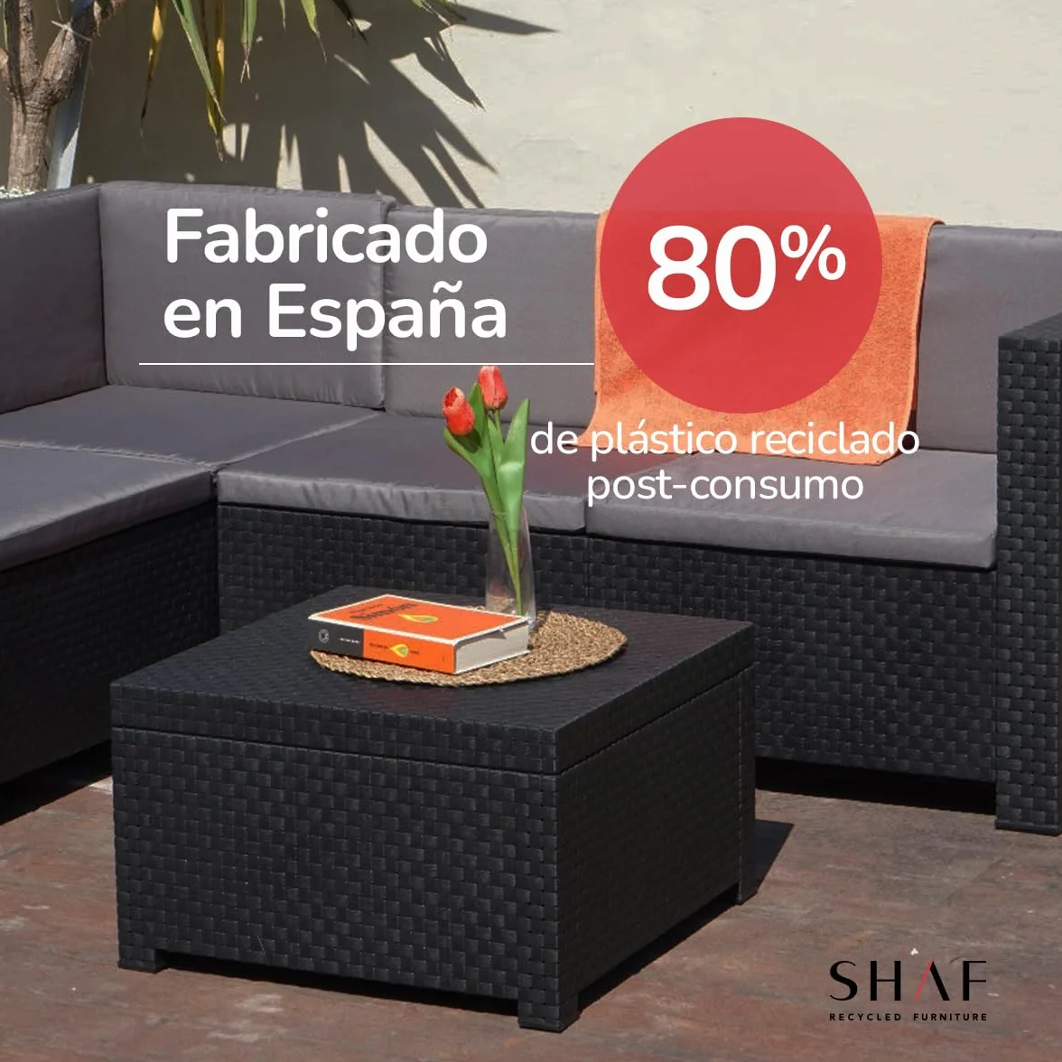 SP Berner - Set de Muebles de Jardín y Terraza Oasis Color Grafito - Tres Piezas - Sofá Canapé 3 y 2 Plazas y Mesa de Centro con Almacenaje - Fabricado en España con Plástico Reciclado