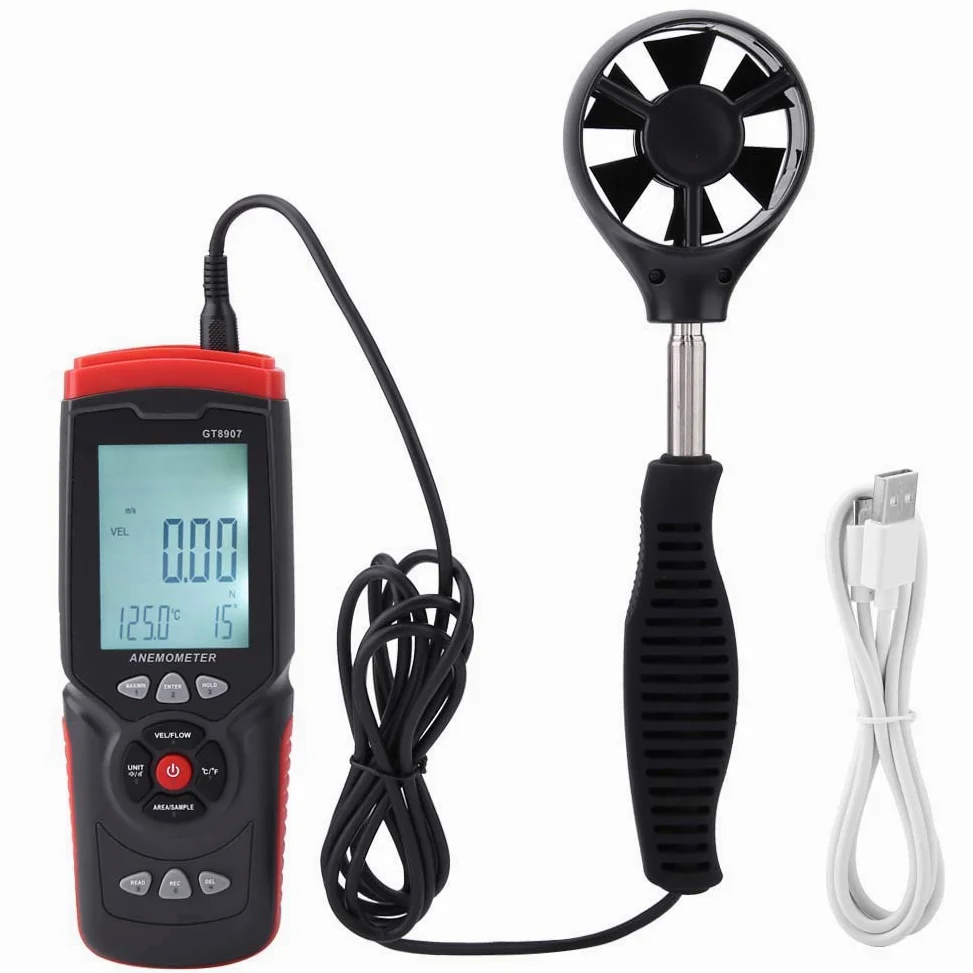 Anemómetro Medidor de Velocidad del Viento ±3% Medidas de Precisión Temperatura Humedad Volumen de Aire CFM CMM Retroiluminación Retención de Datos Apagado Automático para Drones Volando
