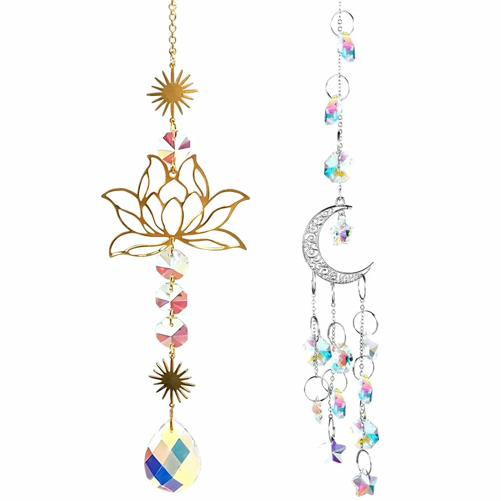 Campanilla de Viento de Cristal con Flor de Loto, 2 PCS Flor de Loto y Luna con Prisma de Cristal, Adorno de Ventana de Prisma de Vidrio Colores para Ventana, Dormitorio, Jardín, Oficina