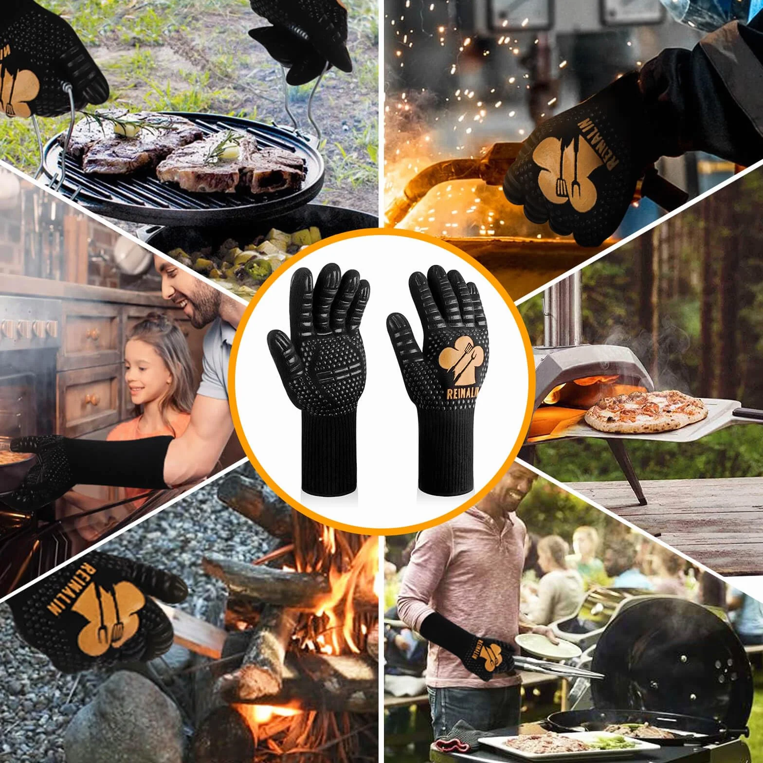 Guantes Barbacoa Cocina Resistente al Calor hasta 500°C Guantes para Horno de Silicona Antideslizante para Cocina, Parrilla, Hornear, Microondas (L/XL/XXL, Dorado)