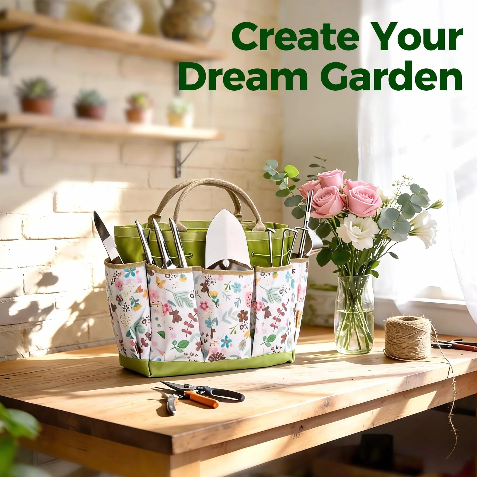 Bamworld Juego de Herramientas de Jardinería 9 Piezas, Kit Jardinería y Set Jardín de Acero Inoxidable con Bolsa, Guantes, Pulverizador, Pala, Tijeras de Podar, Rastrillo para Macetas y Huerto