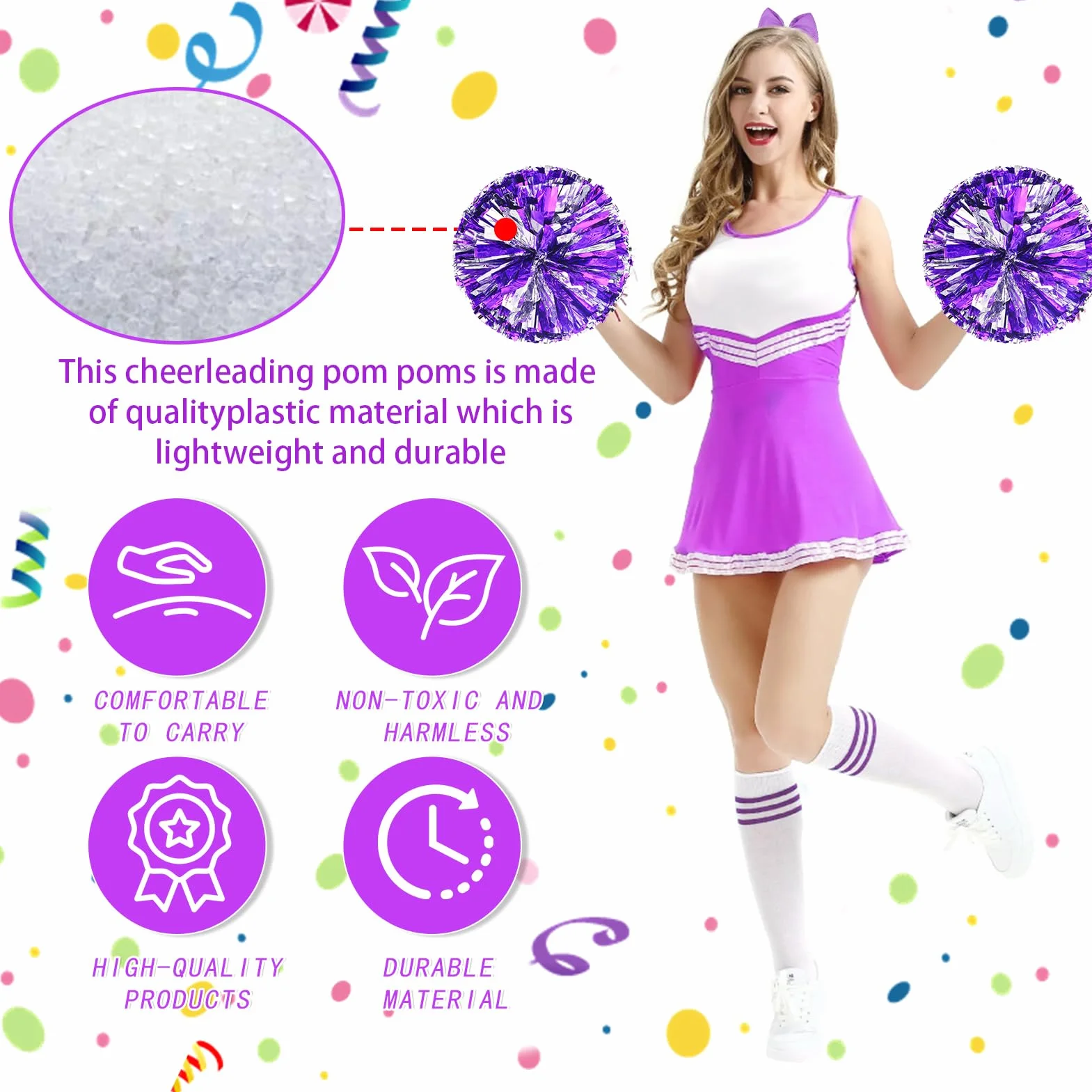 Pompones de Animadora Morado 3 Piezas Meanju para Deportes Fiestas