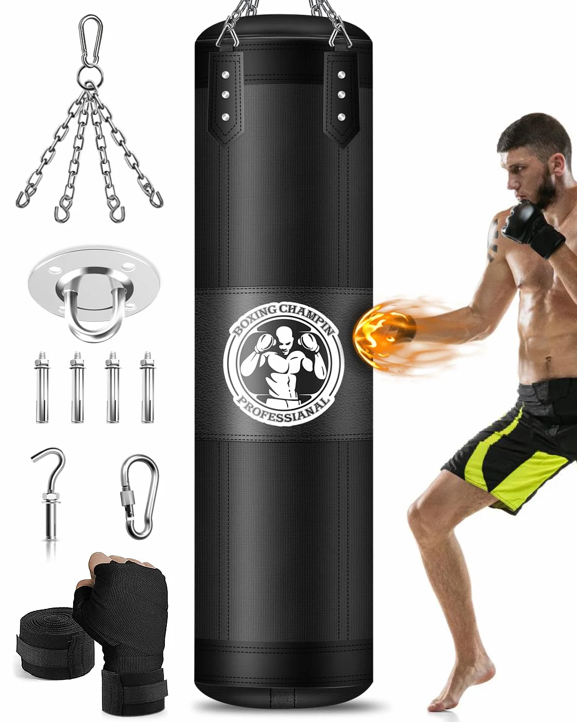 Sacco da Boxe 120cm per Adulti Appendere, Punching Bag per Kickboxing Muay Thai Karate