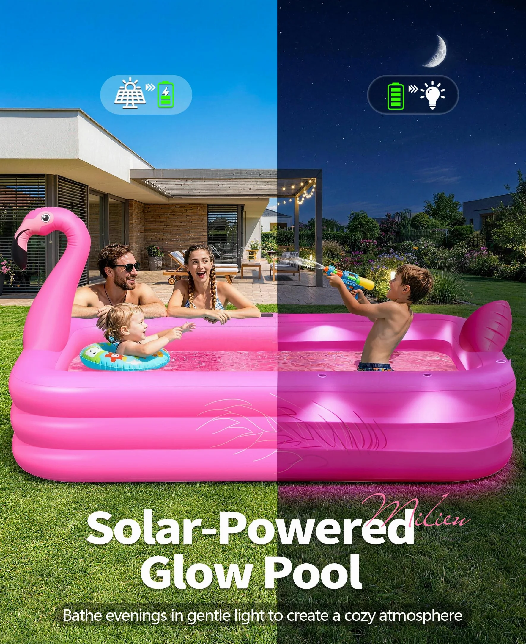 PoolLeader Flamenco Piscina Hinchable Rectangular 254x160x50cm con Luces Solar PVC Grueso