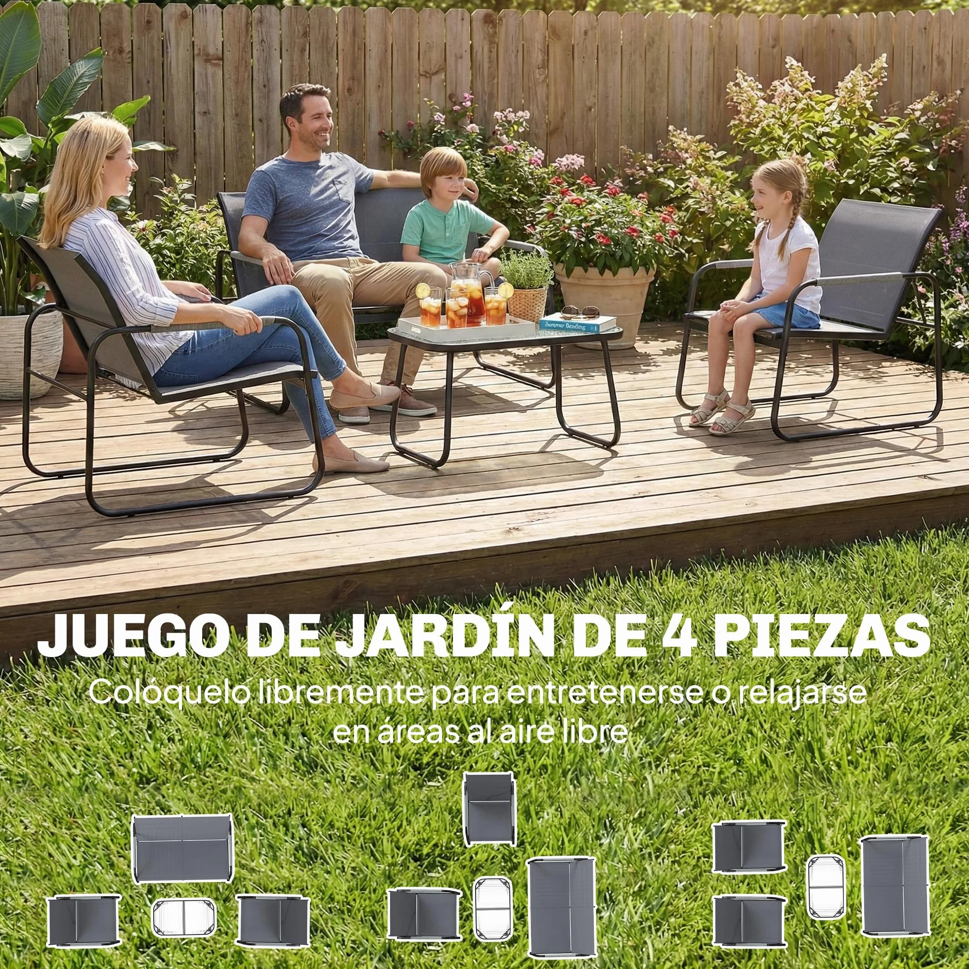 Outsunny Conjunto de Jardín Exterior de 4 Piezas, Muebles Jardín Exterior con 1 Sofá de 2 Plazas, 2 Sillones y Mesa de Vidrio Templado, Estructura de Acero y Textilene Transpirable, Gris