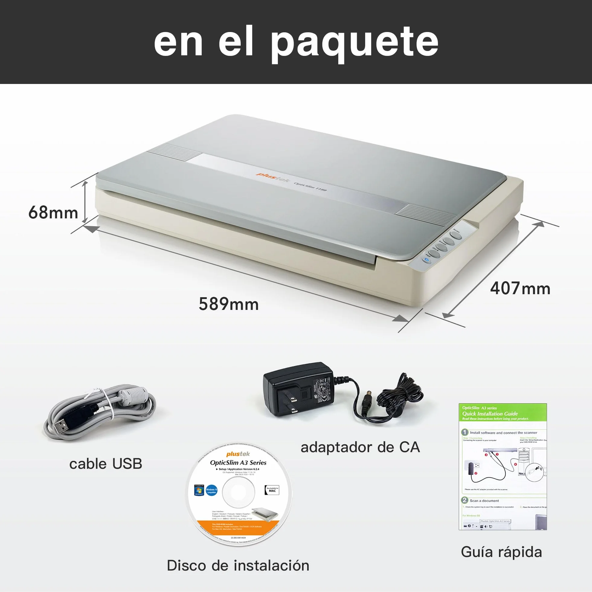 Plustek OS1180 Escáner Plano A3 para Gráficos y Documentos, Escaneo Rápido