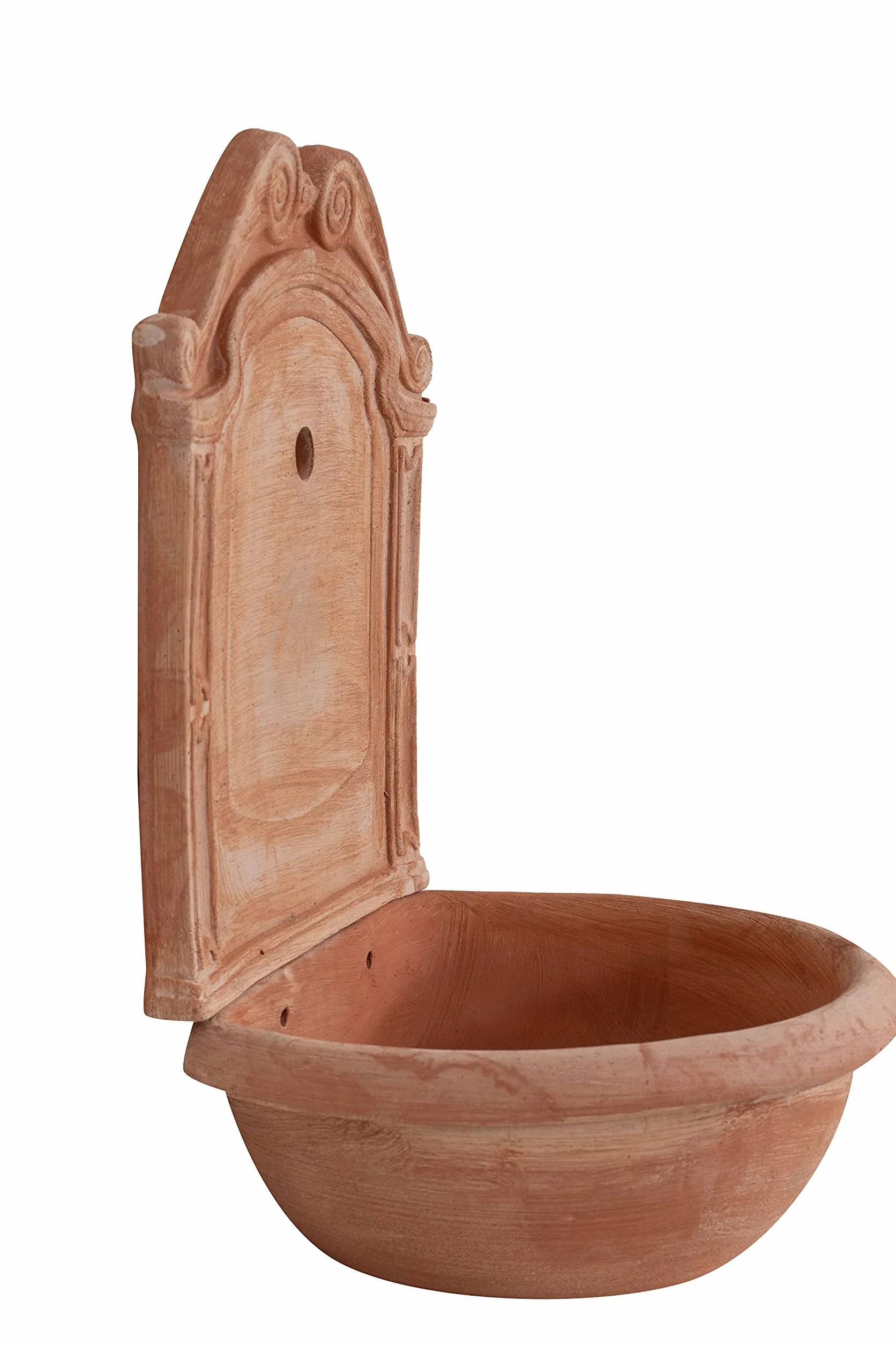 Biscottini Fuente de jardín exterior 45 x 36 x 64 cm – Fuente de pared de terracota hecha a mano – Fuente de jardín – Fuentes de pared – Lavabo decorativo de terracota con bañera y respaldo