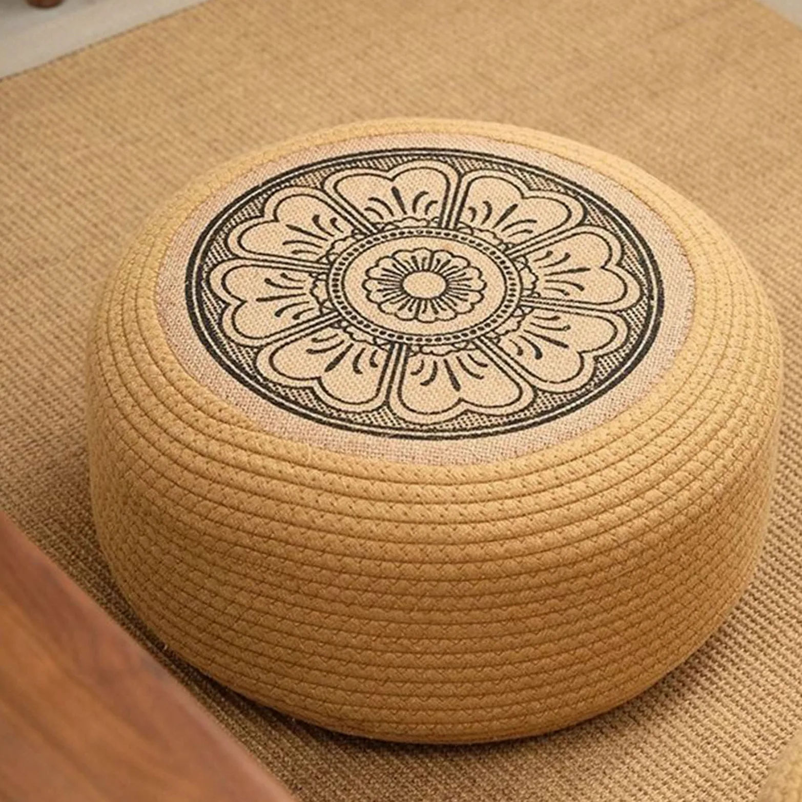 Puff de Ratán Tejido - Reposapiés para Terraza con Cojín Tatami