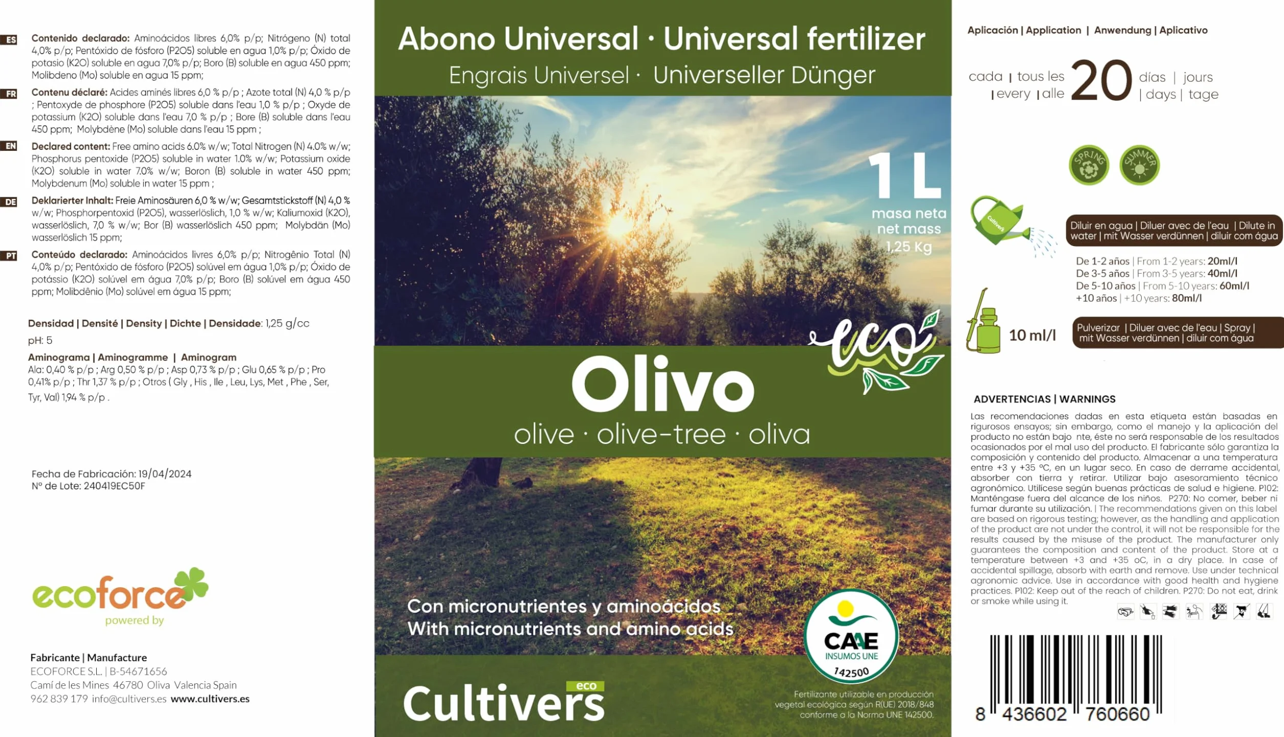Cultivers Engrais Biologique Pour Olives 10 L. Engrais Liquide 100% Biologique Avec Macronutriments Et Micronutriments. Améliore La Fructification, La Quantité Et La Qualité De L'olive