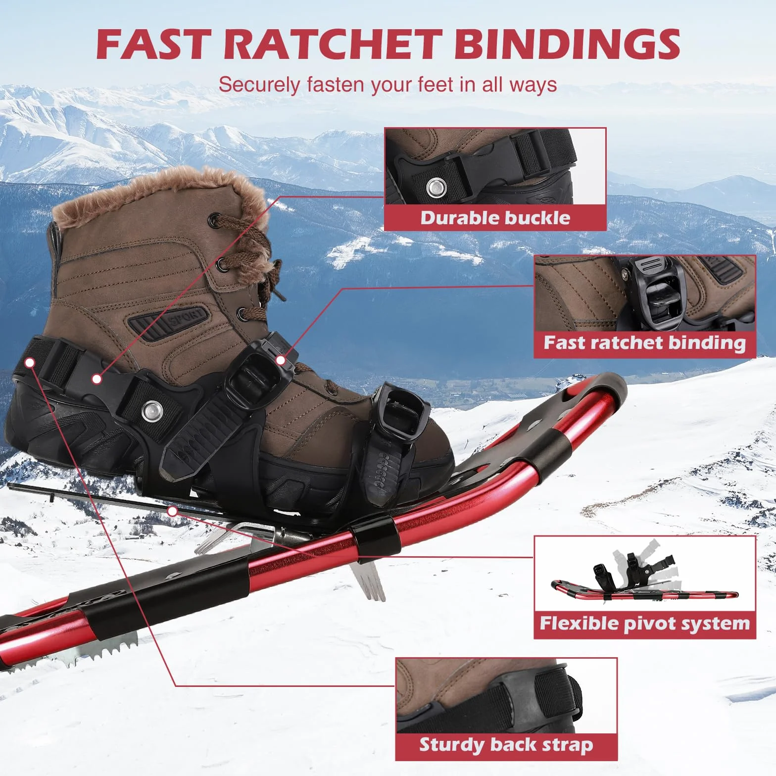 Raquetas de Nieve 4 en 1 Aluminio Bastones Ajustables Polainas Impermeables Bolsa de Transporte 63cm Rojo