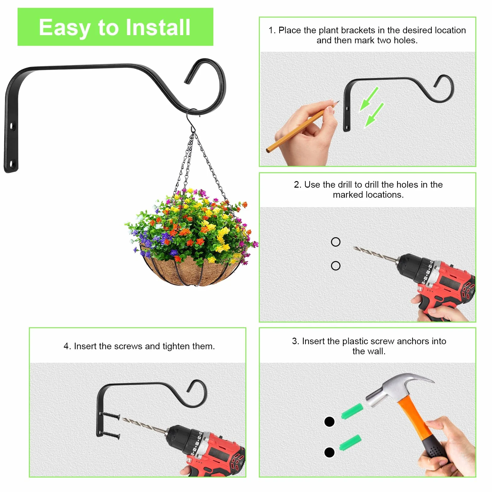 Gancho de pared para colgar macetas de hierro, 15 cm, soporte para plantas colgantes, comederos de pájaros, farolillos, campanas de viento, candelabro, 2 unidades, color negro