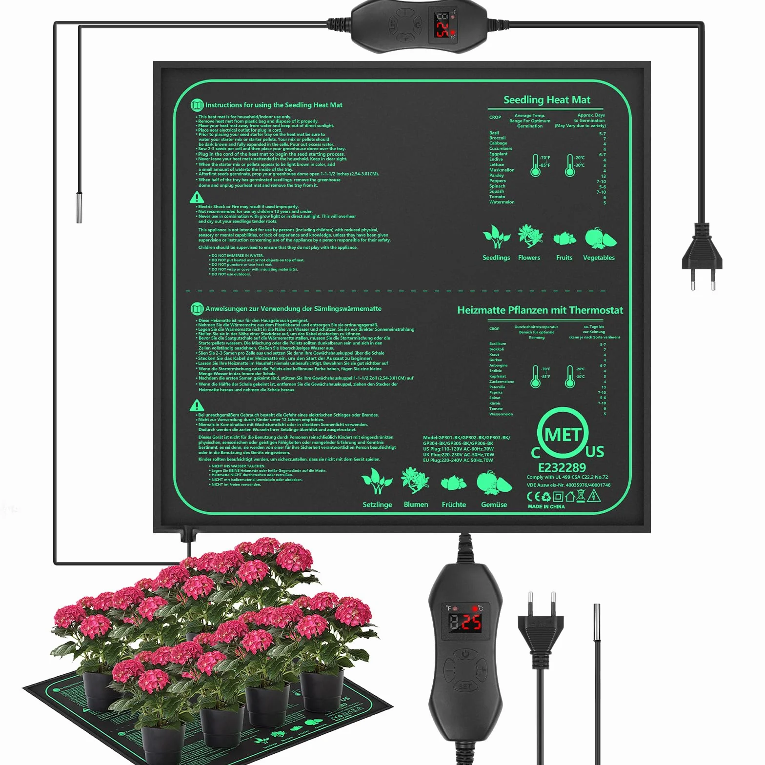 Estera Calefactora para Plantas con Termostato, 52 * 50cm Estera TéRmica para PláNtulas, 70W Almohadilla térmica para Plantas de Interior para Germinación, IP67 Impermeable