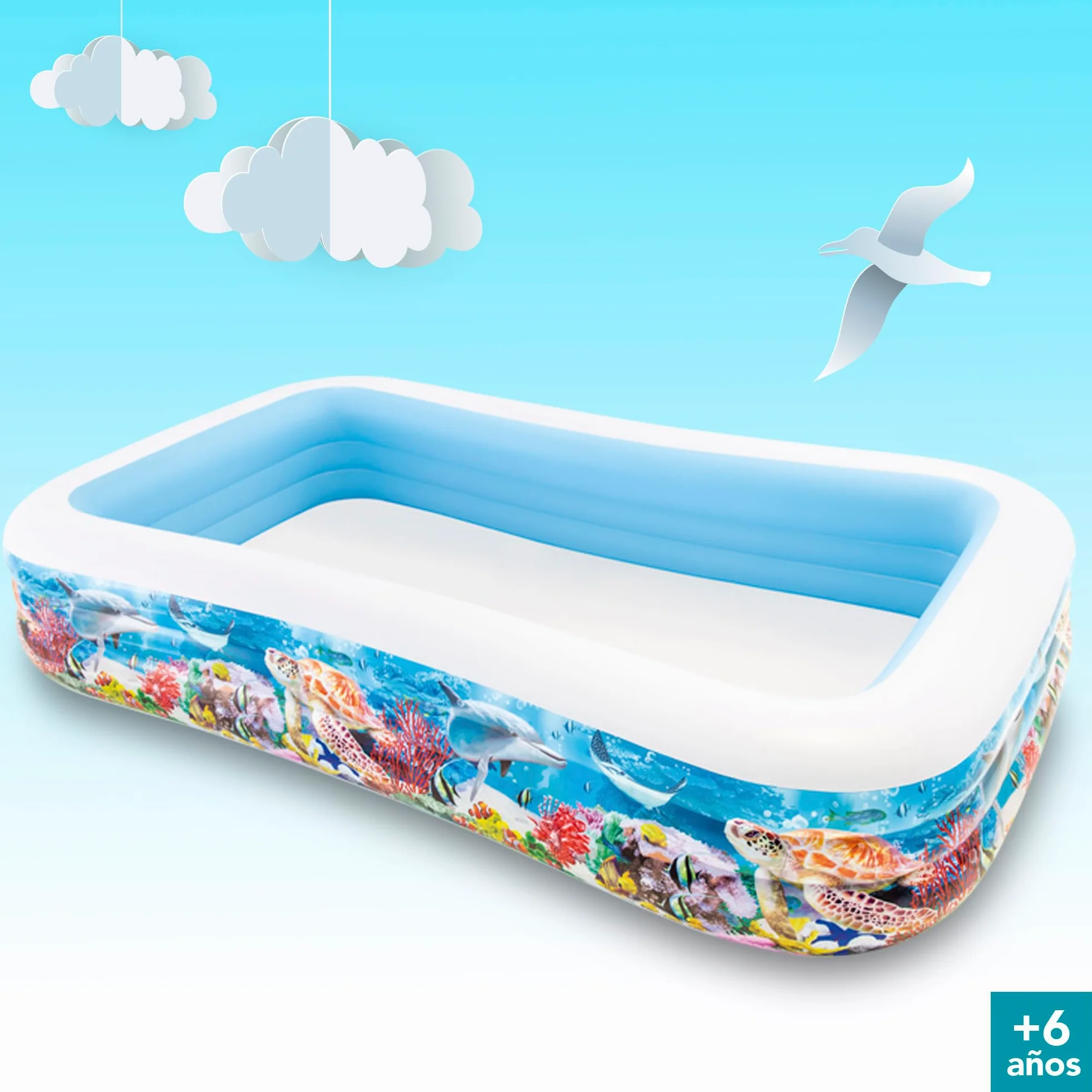 Intex Piscina Hinchable Grande diseño océano, 305x183x56 cm, 1050 litros, 3 cámaras de Aire, Tapón de desagüe, Vinilo Resistente, Uso Exterior, Ideal jardín y Verano, Parche Incluido, +6 años (58485)