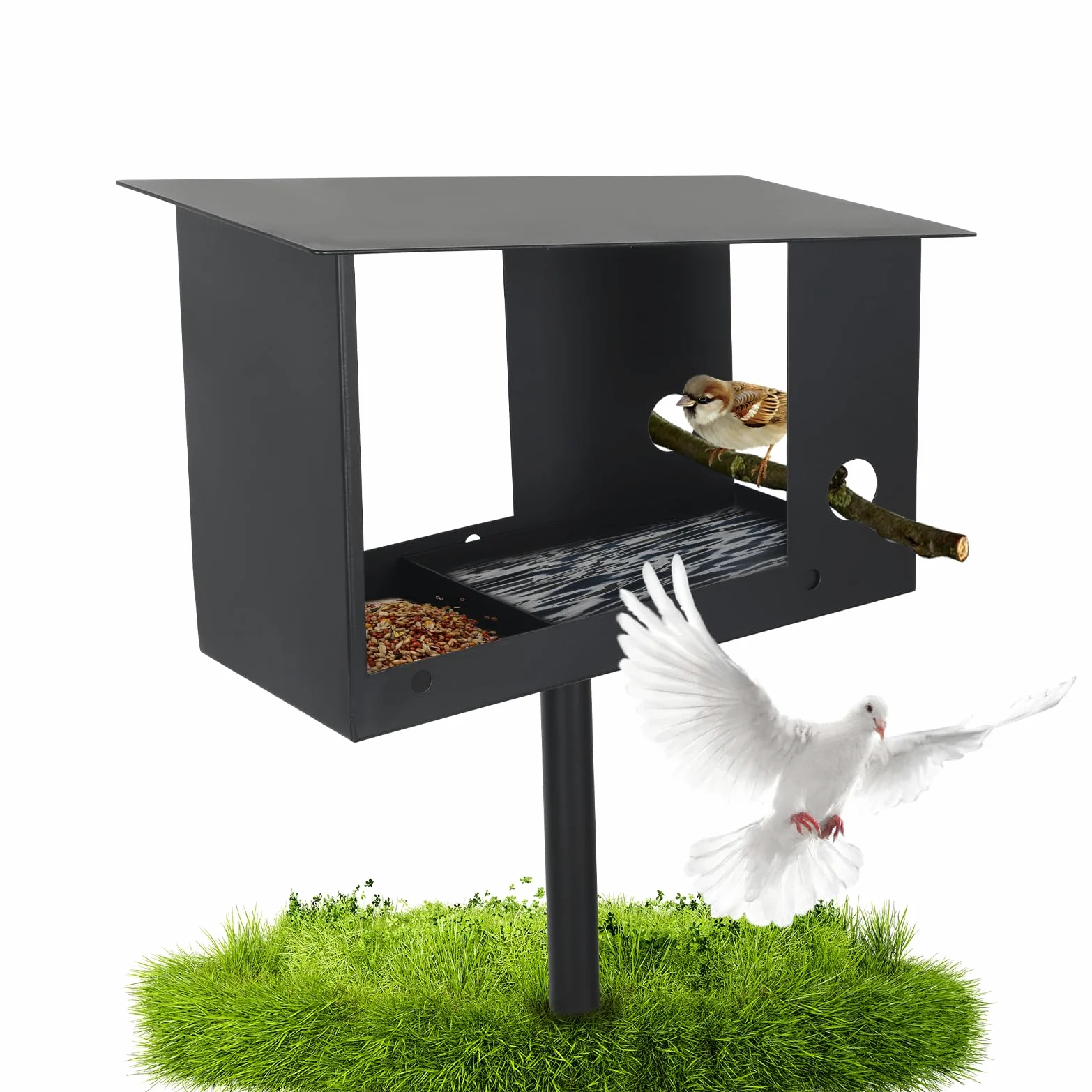 Casa para pájaros con soporte, estación de alimentación de pájaros de metal, comedero de pájaros 3 en 1, casa de pájaros resistente a la intemperie, estación de pájaros silvestres, villa para pájaros,