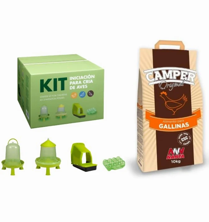 Pack INICIACIÓN Aves : Kit para cria de GALLINAS + Camper Puesta 10kg. Todo lo Necesario para la cria de gallinas. Comedero, Bebedero, ponedero, huevera y Comida. Ideal para la cria de Aves.