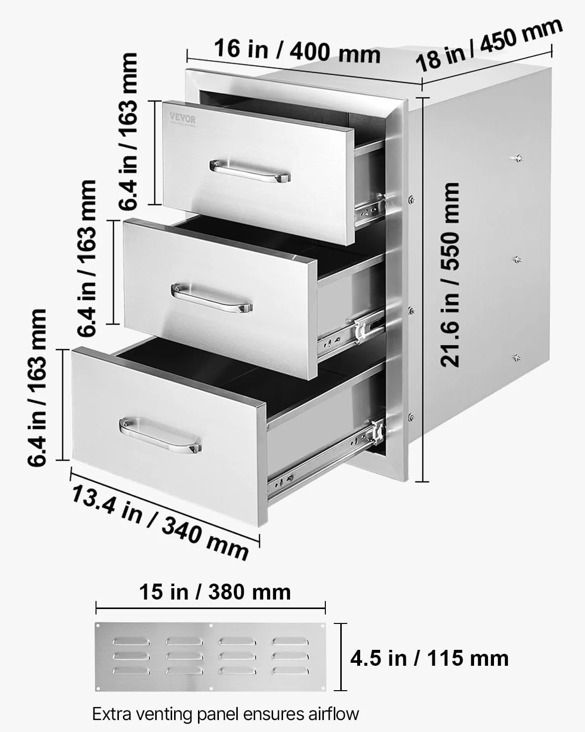 VEVOR Cajones de Cocina para Exterior 40x45x55 cm Cajones para Barbacoa de Triple Acceso con Mango de Acero Inoxidable Cajones para Barbacoa para Cocinas al Aire Libre Estación de Parrilla para Patio