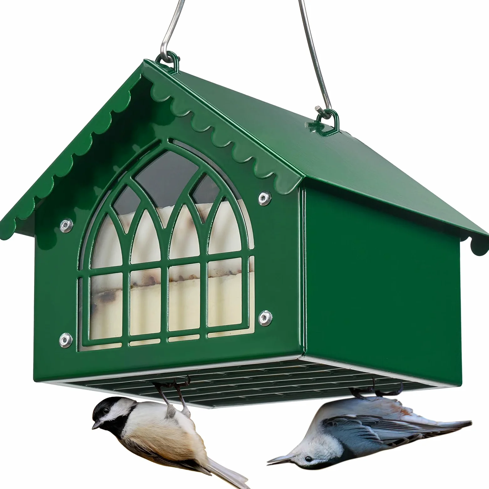 Kingsyard Comedero doble de sebo para pájaros con techo resistente a la intemperie, todo de metal, comederos de sebo boca abajo para colgar al aire libre, ideal para pájaros carpinteros, gallinero,