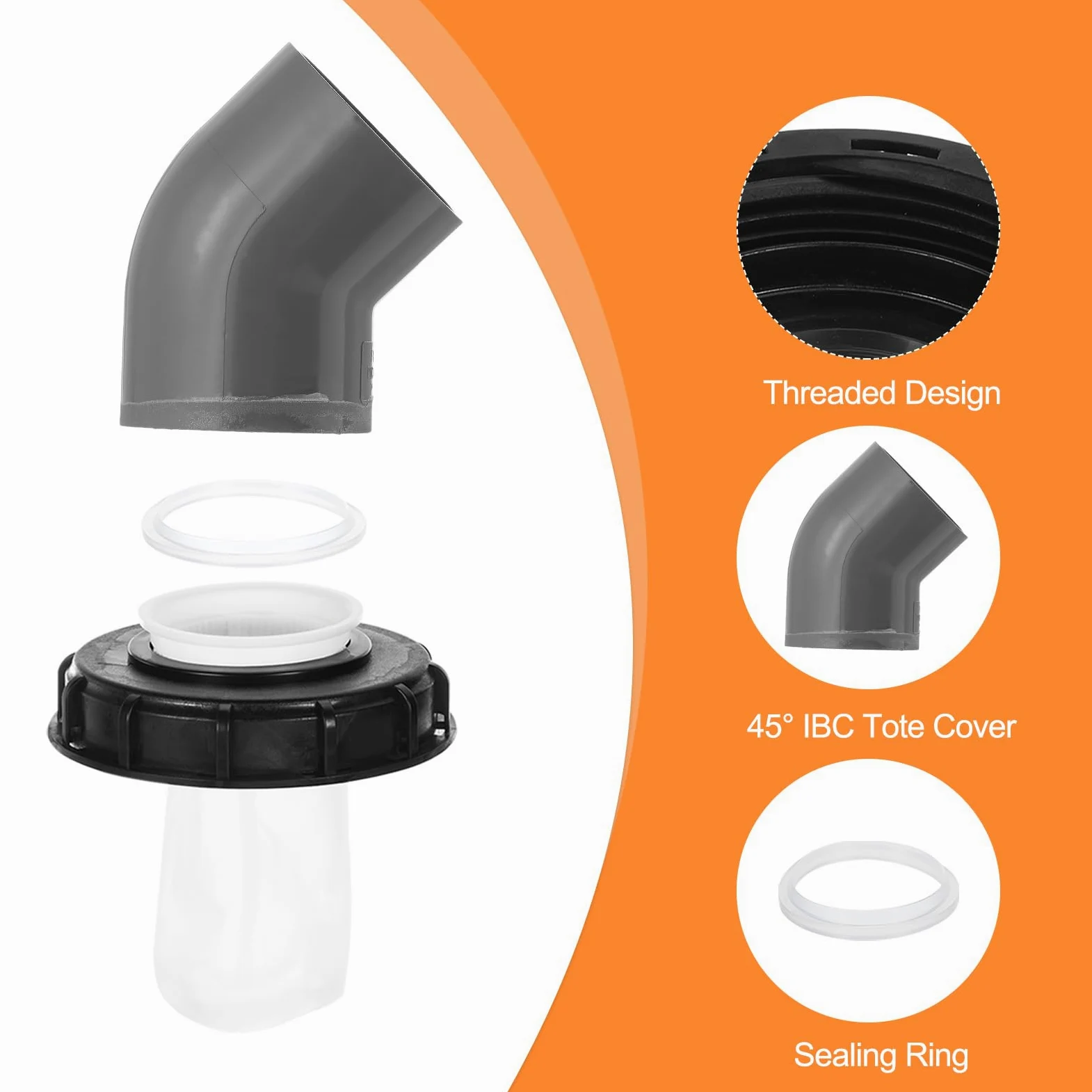 sourcing map Tapa de filtro IBC de 163 mm, adaptador de manguera de plástico IBC de 45°, contenedor de tanque de agua de lluvia de 1000 L con filtro de nailon lavable para tanques de agua de 275