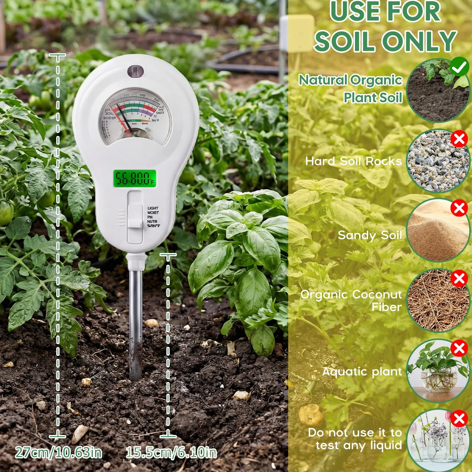 Medidor de Humedad del Suelo 6 en 1 Medidor de pH de Suelo Preciso Fertilidad/PH/Humedad/Temperatura/Humedad Ambiental/Luz Probador de Suelo con Problema Extraíble para Plantas Interior Exterior